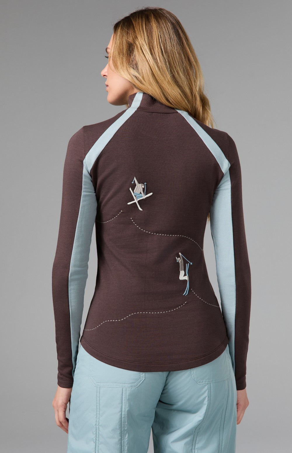 Alp N Rock Ashna Longsleeve Mock Neck, brown longsleeve for women with light blue stripes and embroidered skiers