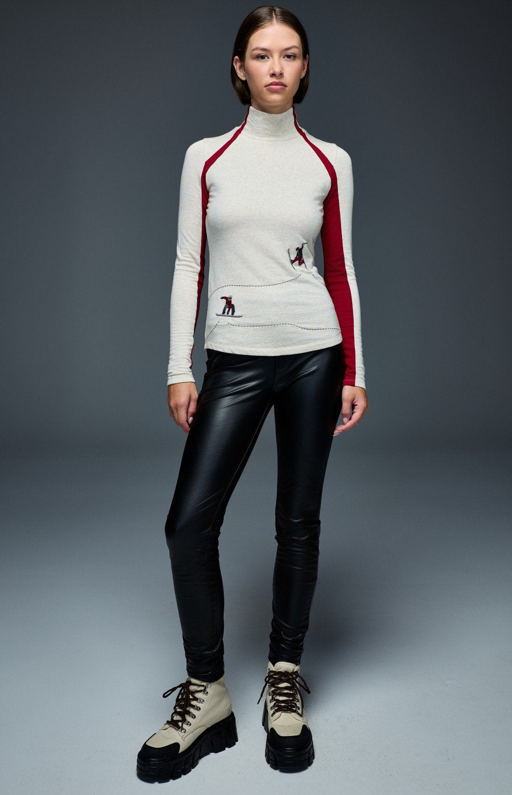 Alp N Rock Ashna Longsleeve Mock Neck, heather ivory longsleeve for women with red stripes and embroidered skiers