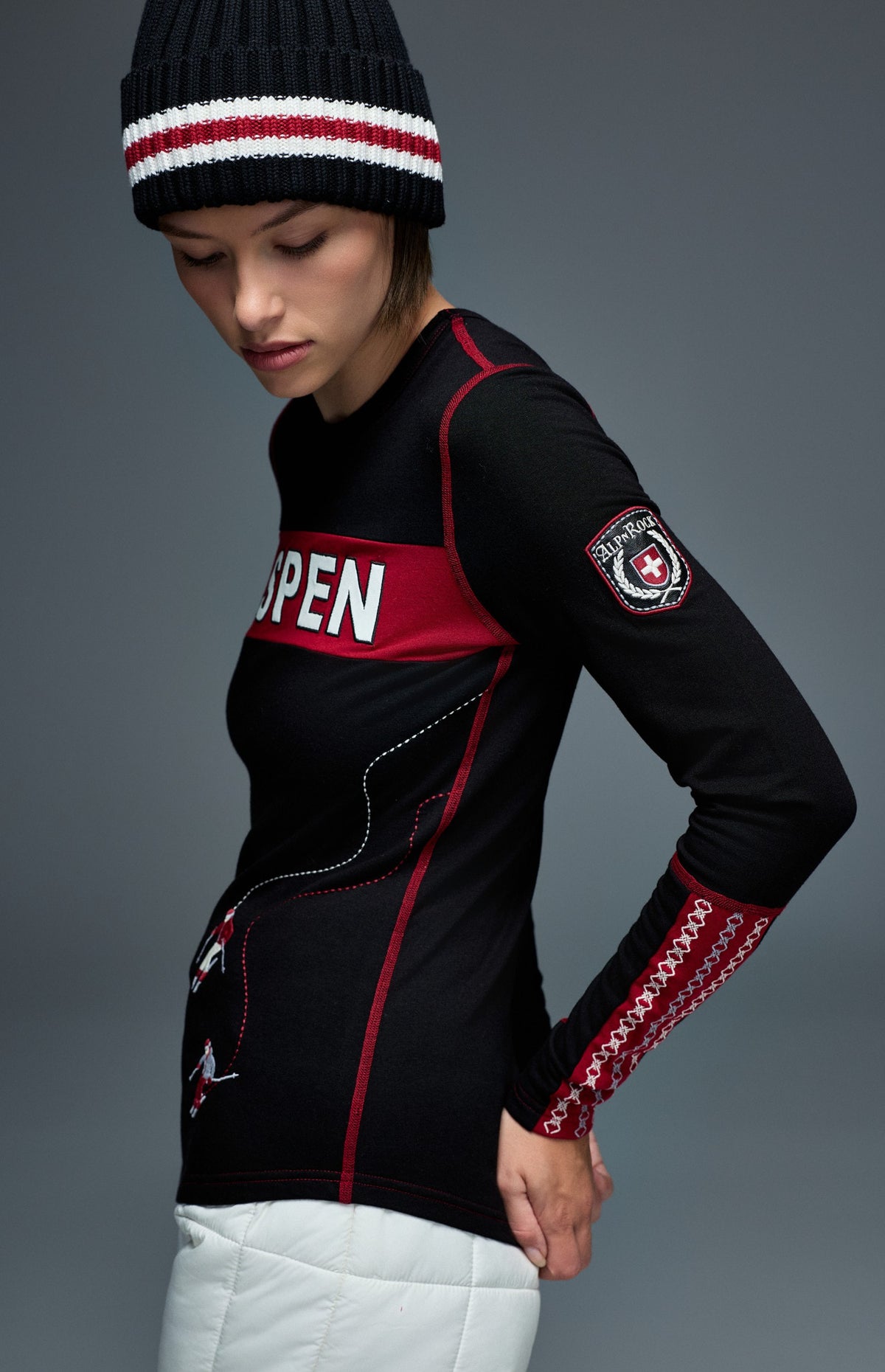 Alp N Rock Aspen Ski Crew, black longsleeve ski crew with red aspen lettering on chest and embroidered skiers