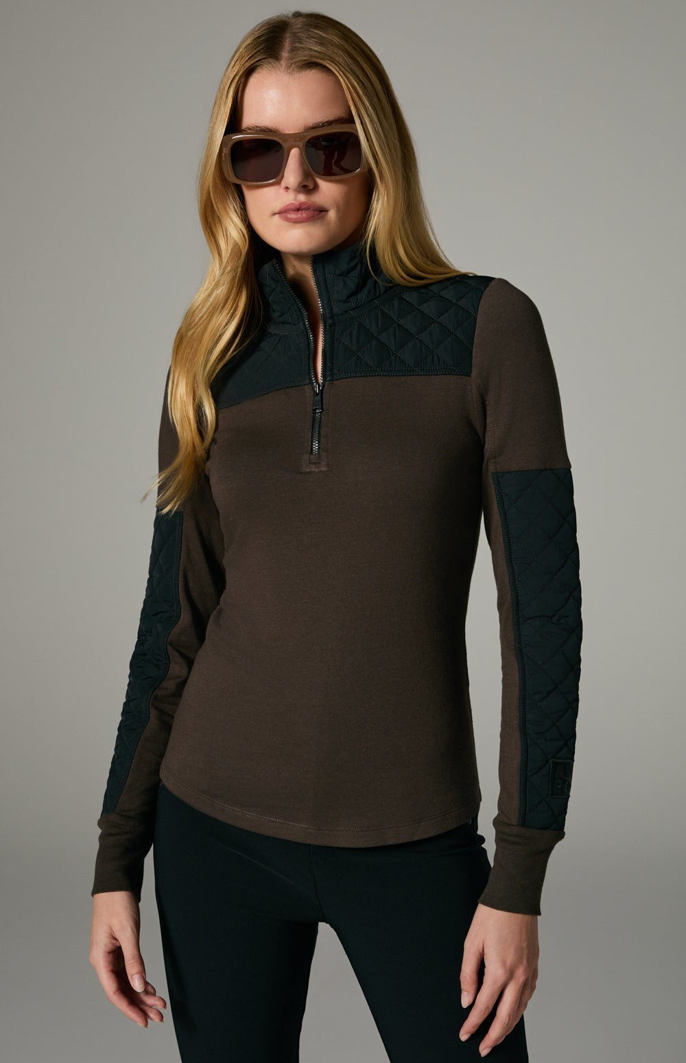 Alp N Rock Cody, dark brown mock neck longsleeve shirt with black quilting at the neckline and sleeves