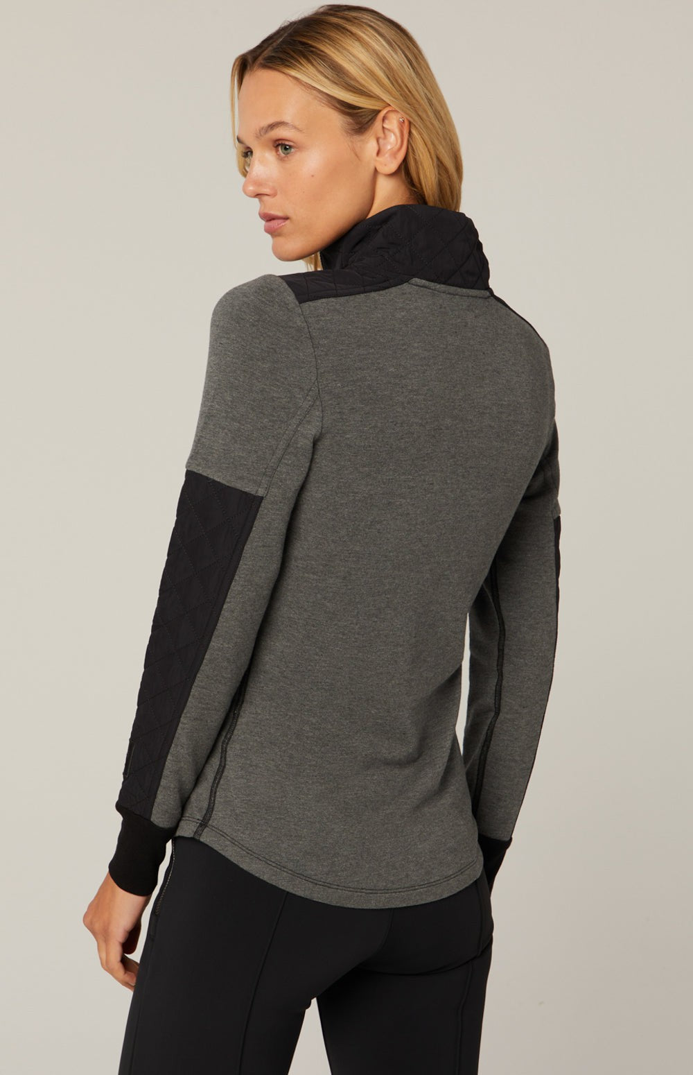 Alp N Rock Cody, heather grey mock neck longsleeve shirt with black quilting at the neckline and sleeves