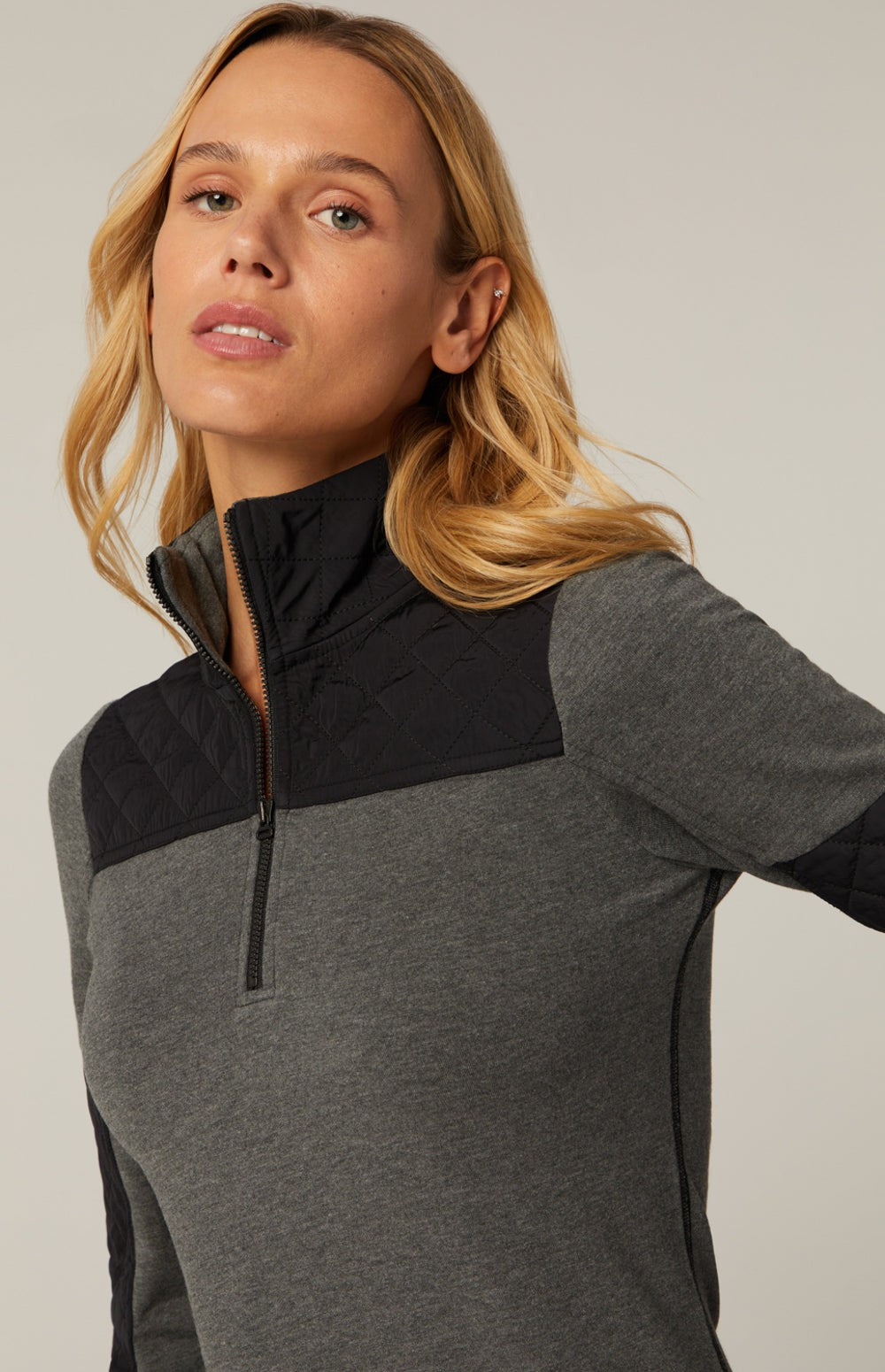 Alp N Rock Cody, heather grey mock neck longsleeve shirt with black quilting at the neckline and sleeves