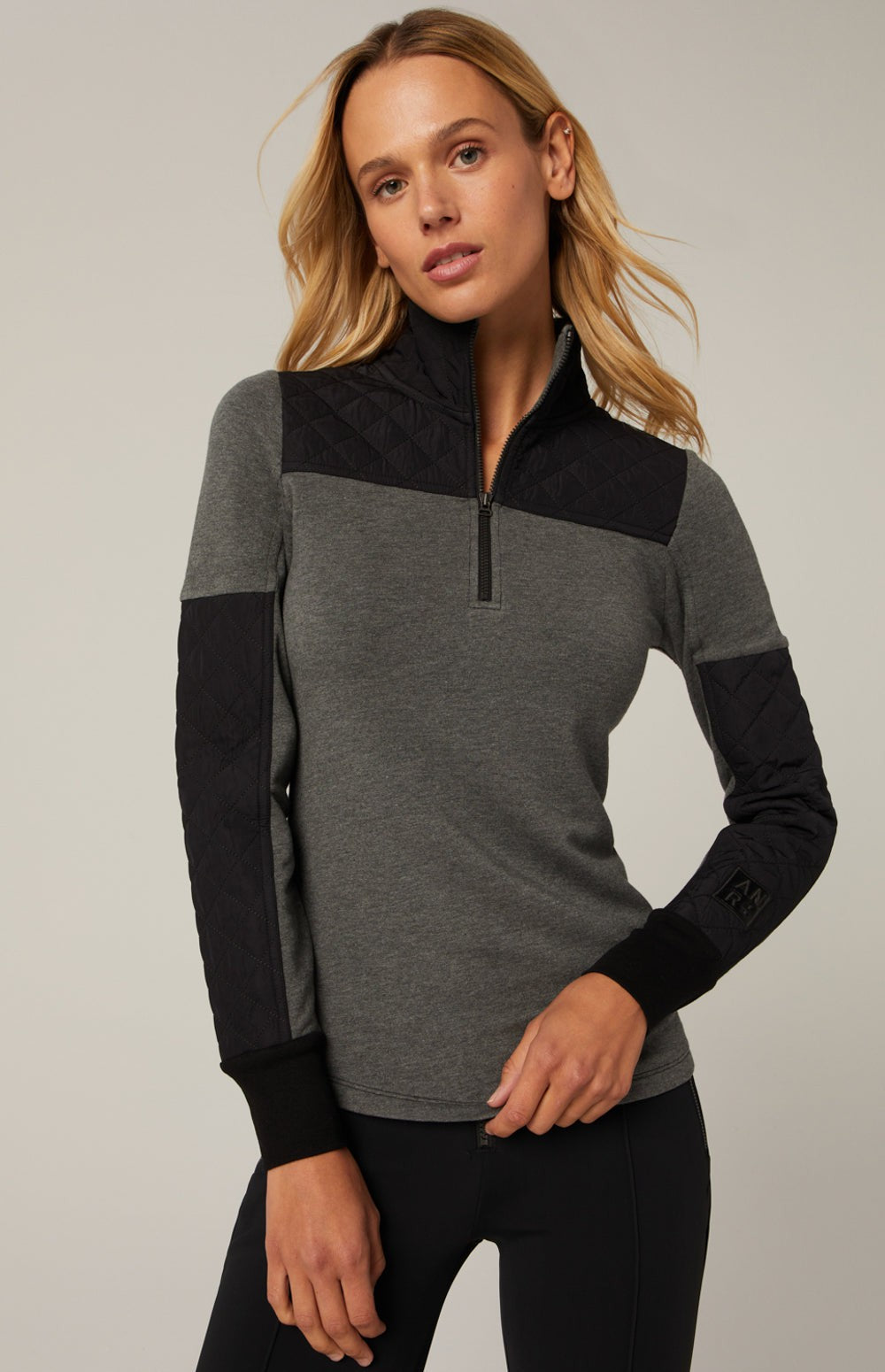 Alp N Rock Cody, heather grey mock neck longsleeve shirt with black quilting at the neckline and sleeves