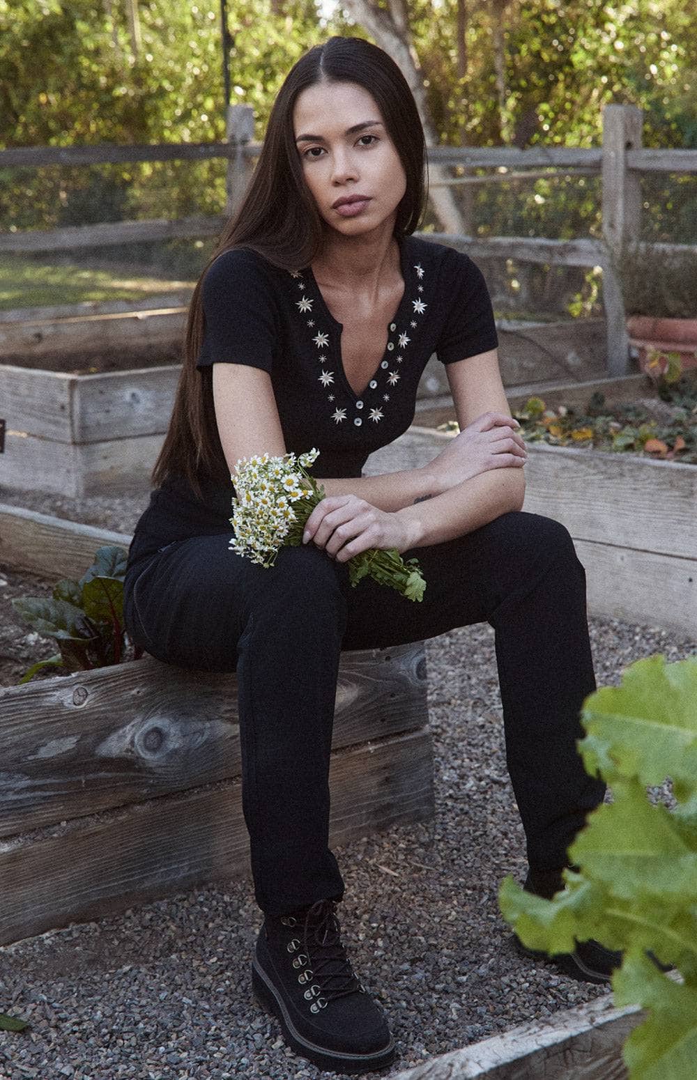 Alp N Rock Colleen Henley Shirt, Women's Black Short Sleeve Henley Top with White Embroidered Flowers at the Neckline and Back