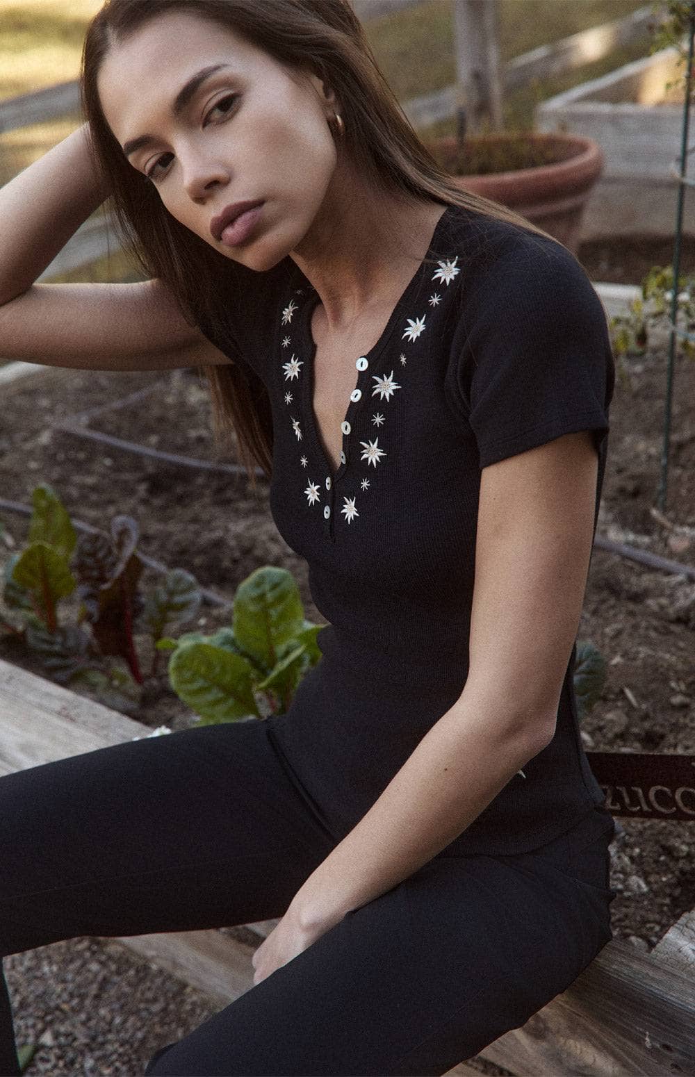 Alp N Rock Colleen Henley Shirt, Women's Black Short Sleeve Henley Top with White Embroidered Flowers at the Neckline and Back