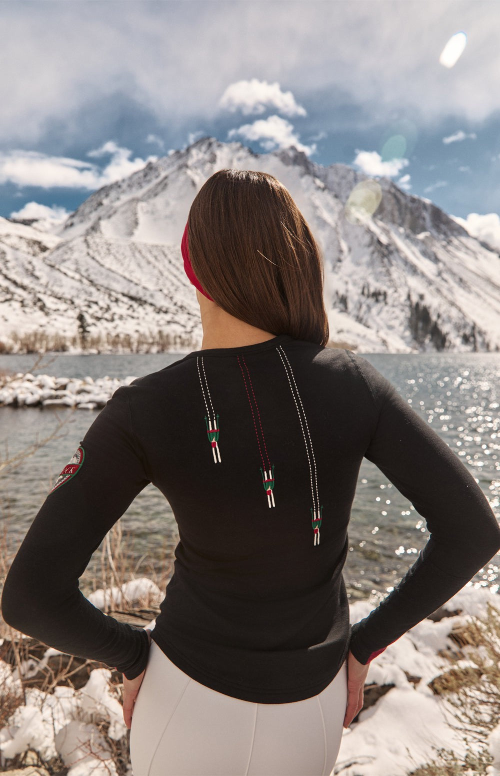 Alp N Rock Cortina Ski Crew, black longsleeve shirt for women with Cortina lettering and embroidered skiers
