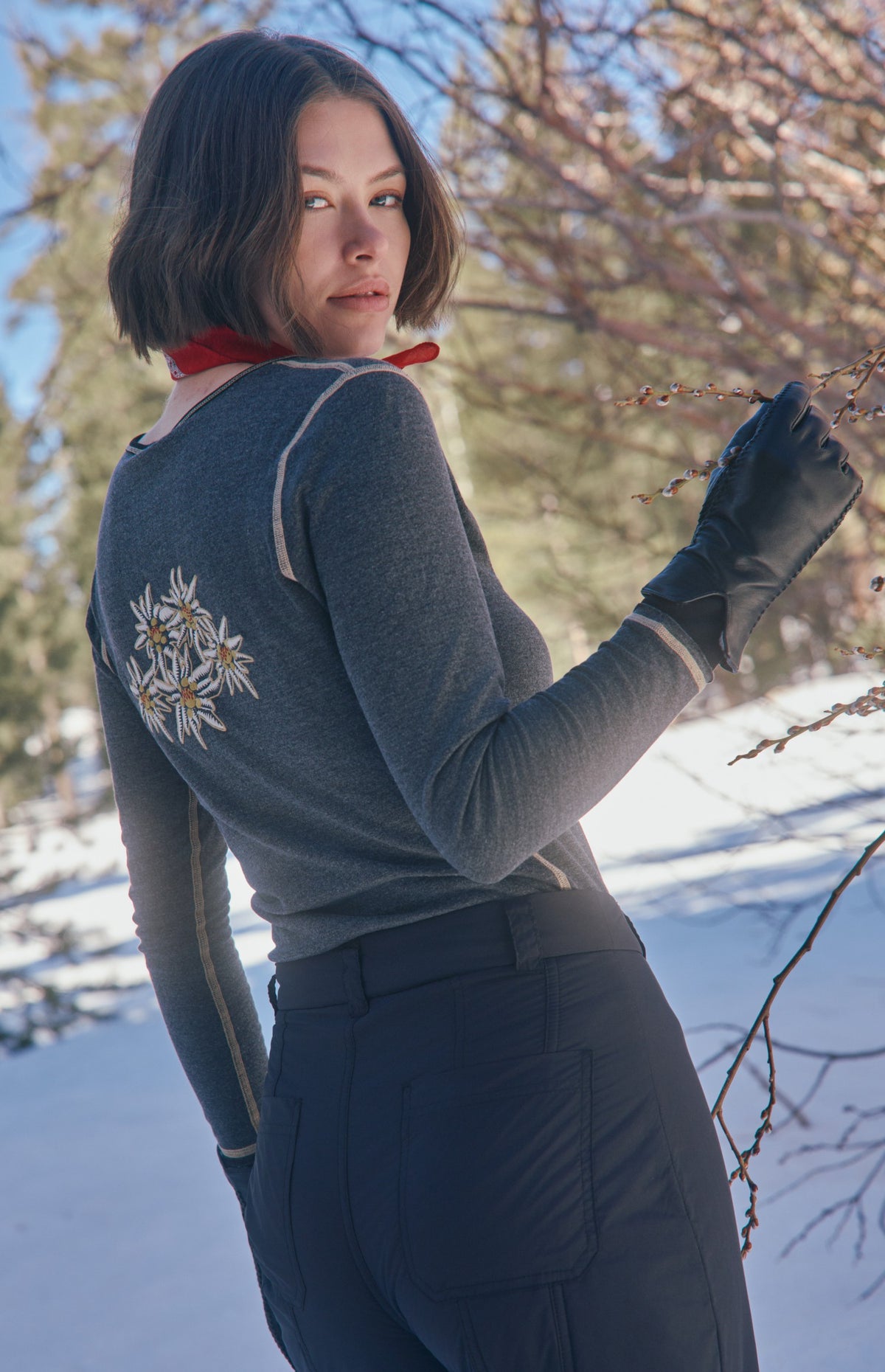 Alp N Rock Edelweiss Henley Shirt, women's heather black henley shirt with embroidered flowers and ski patches