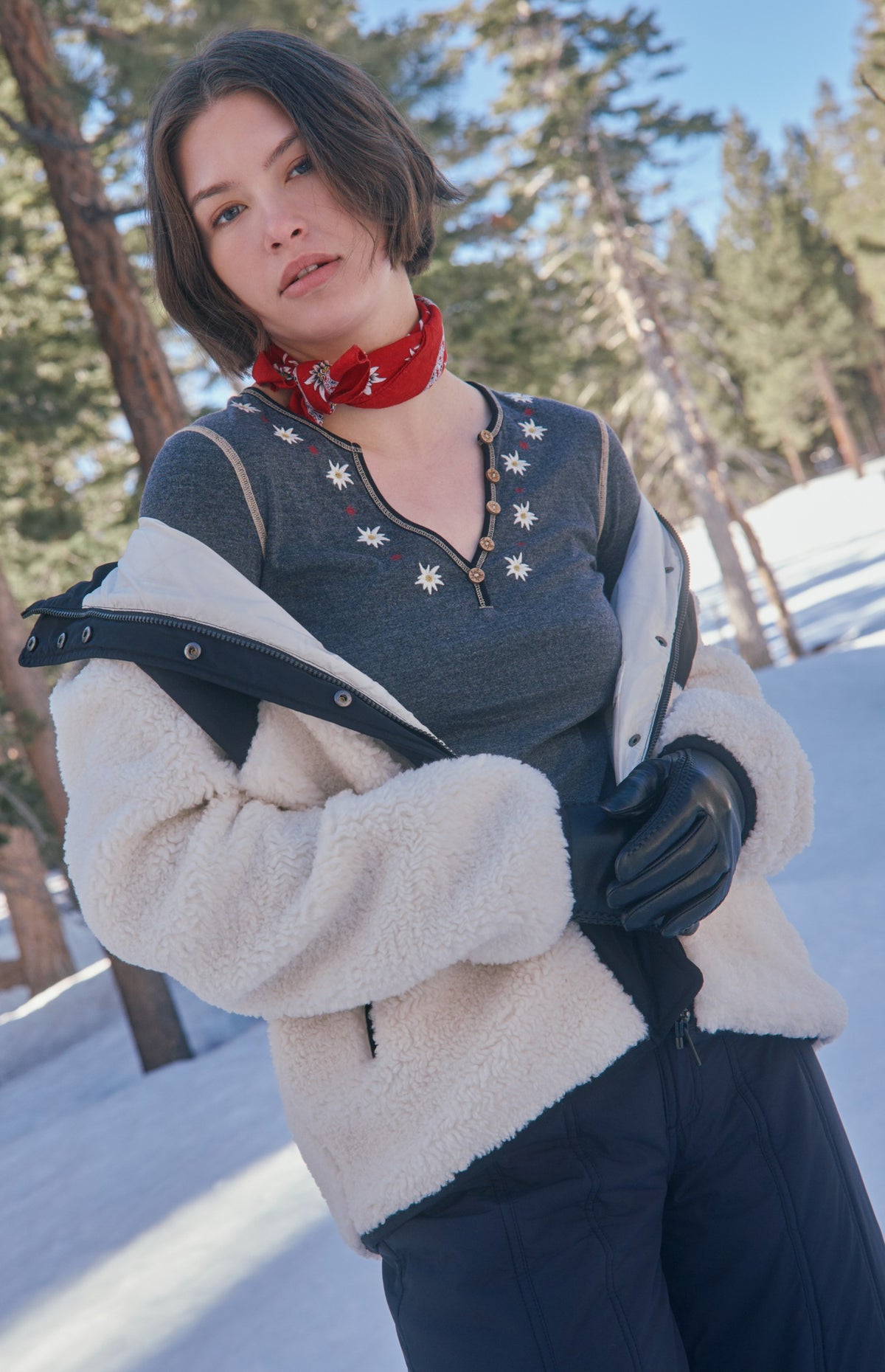 Alp N Rock Edelweiss Henley Shirt, women's heather black henley shirt with embroidered flowers and ski patches