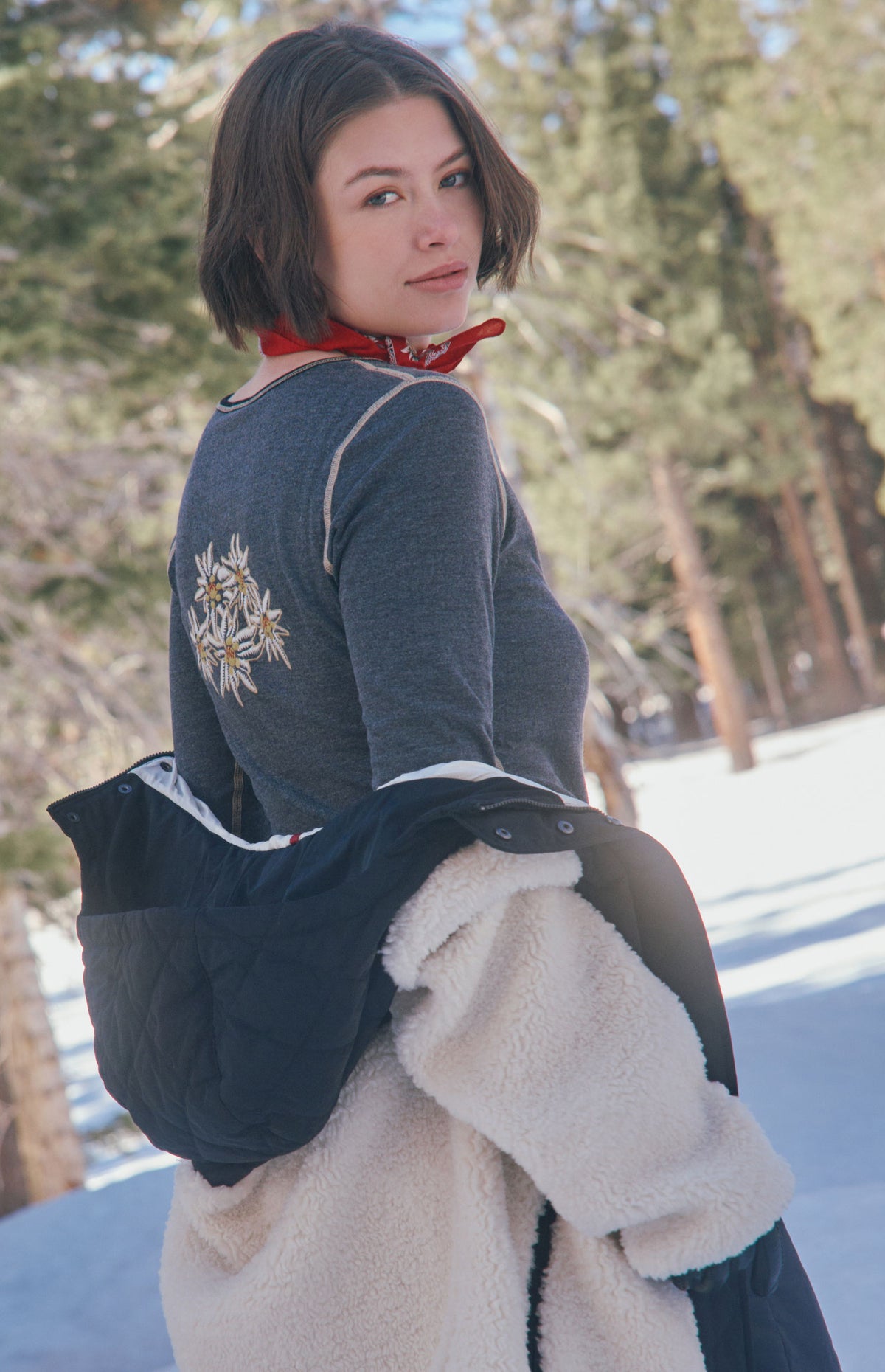 Alp N Rock Edelweiss Henley Shirt, women's heather black henley shirt with embroidered flowers and ski patches