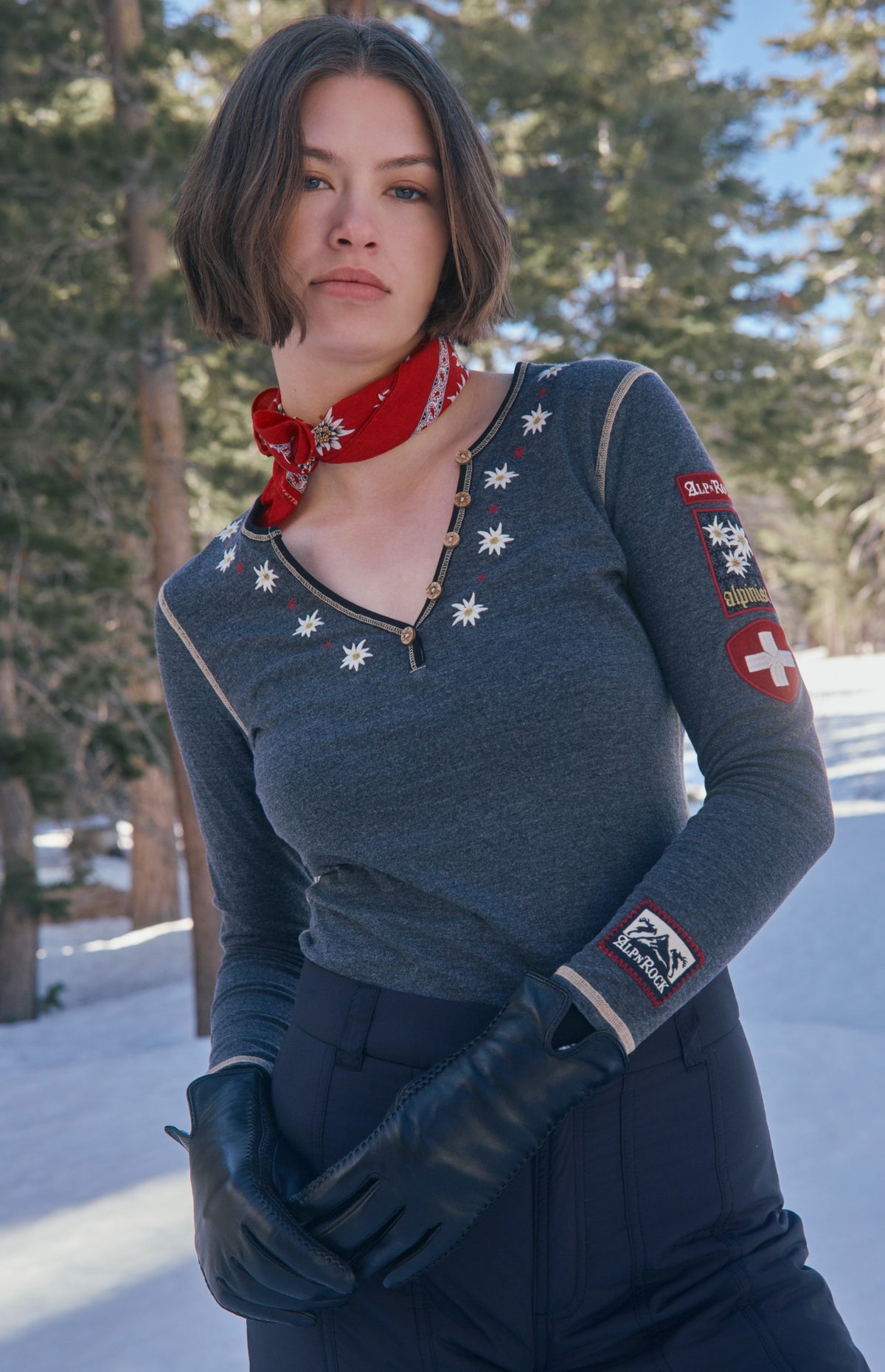 Alp N Rock Edelweiss Henley Shirt, women's heather black henley shirt with embroidered flowers and ski patches