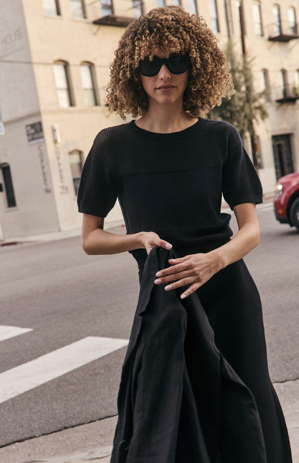 Alp N Rock Emma Top, black open weave short sleeve knit shirt for women