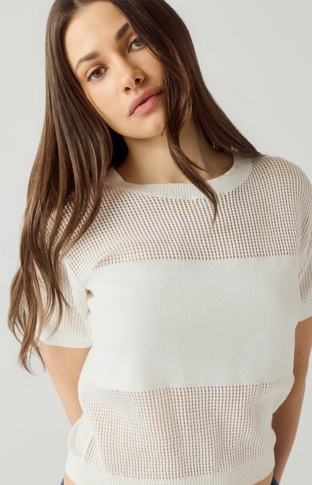 Alp N Rock Emma Top, white open weave short sleeve knit shirt for women