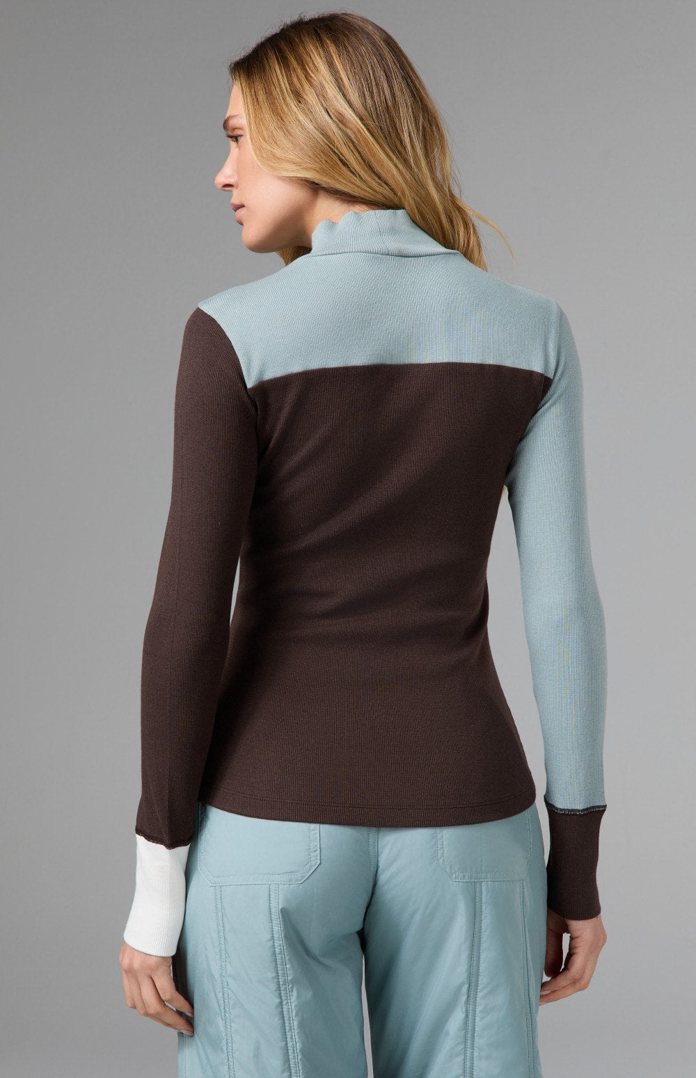 Alp N Rock Fallon Mock Neck Top, brown and light blue women's ski top with ski lettering on front