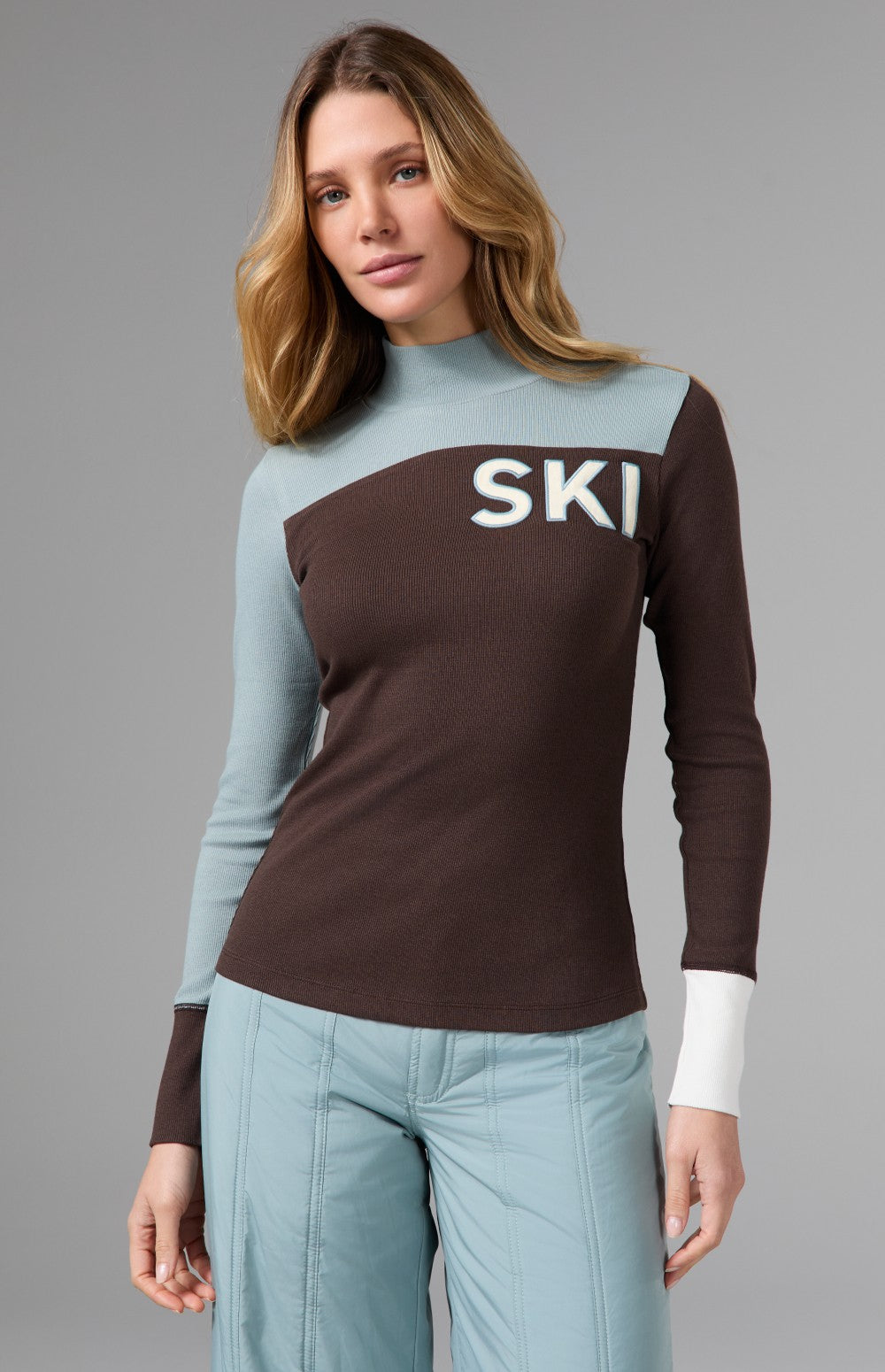 Alp N Rock Fallon Mock Neck Top, brown and light blue women's ski top with ski lettering on front