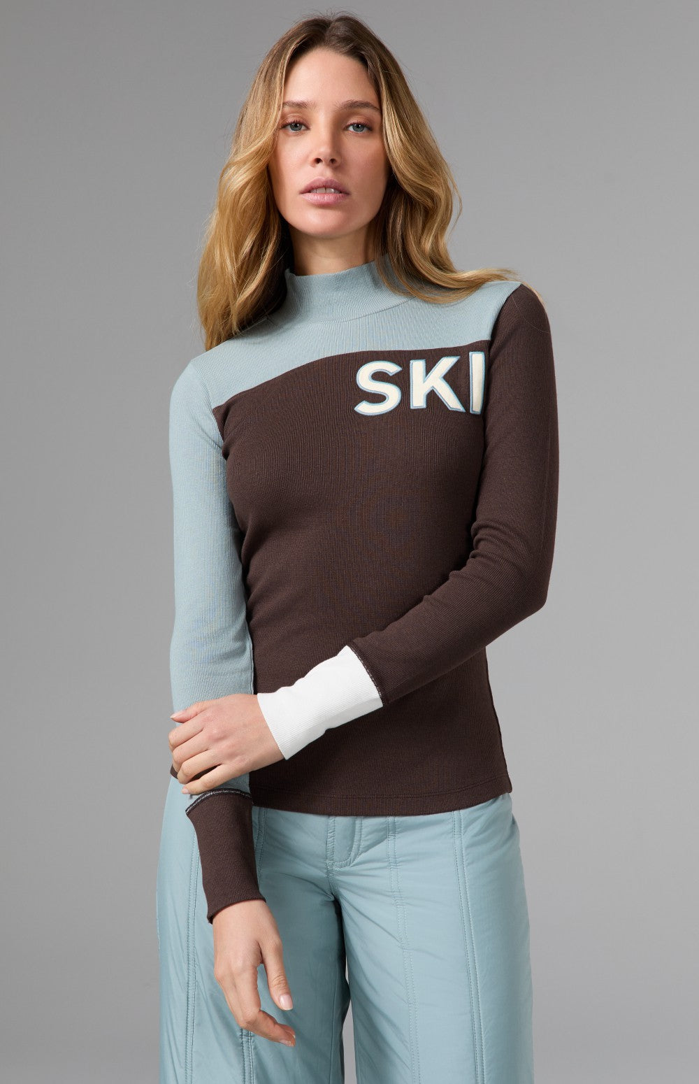 Alp N Rock Fallon Mock Neck Top, brown and light blue women's ski top with ski lettering on front