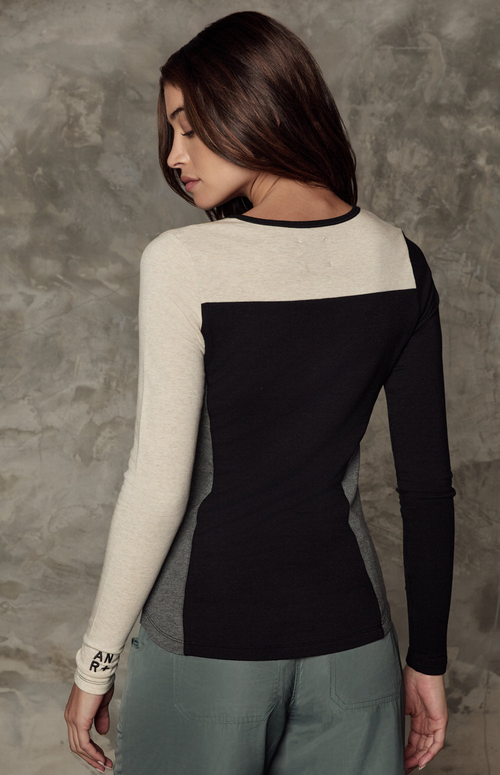 Alp N Rock Gemma Henley Shirt, black, grey, and cream colorblocked henley shirt for women