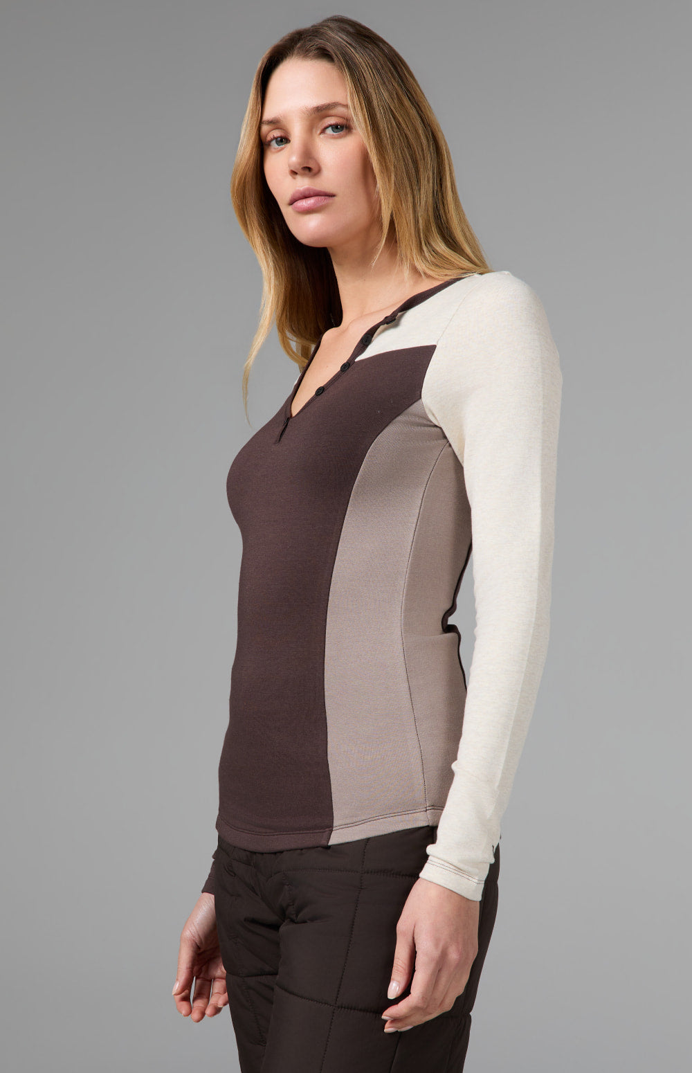Alp N Rock Gemma Henley Shirt, dark brown longsleeve henley shirt with colorblocking