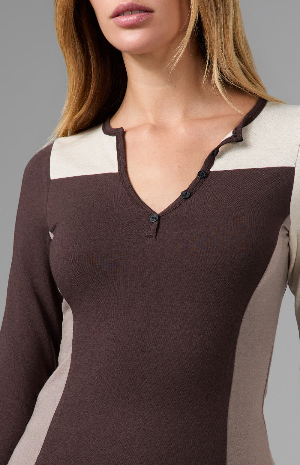 Alp N Rock Gemma Henley Shirt, dark brown longsleeve henley shirt with colorblocking