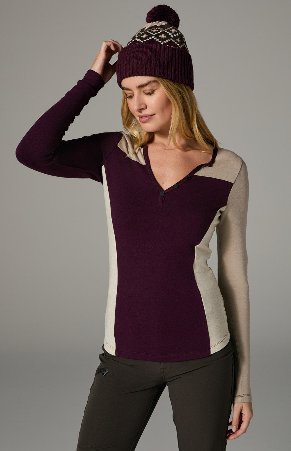 Alp N Rock Gemma Henley Shirt, burgundy colorblock longsleeve henley shirt for women