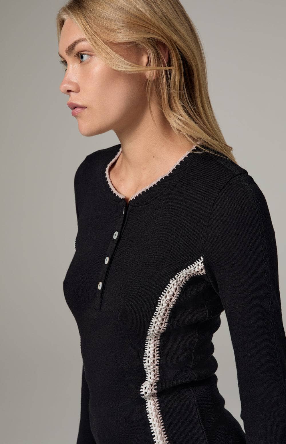 Alp N Rock Iris Henley Shirt, Women's Black Long Sleeve Top with Embroidery at the Neckline and Down the Bodice