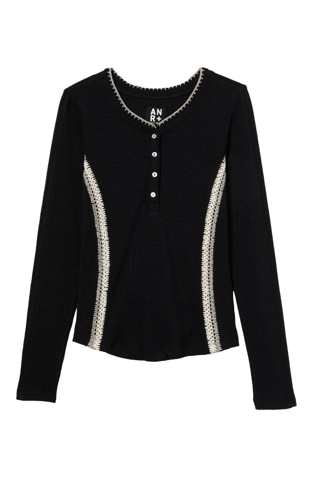 Alp N Rock Iris Henley Shirt, Women's Black Long Sleeve Top with Embroidery at the Neckline and Down the Bodice