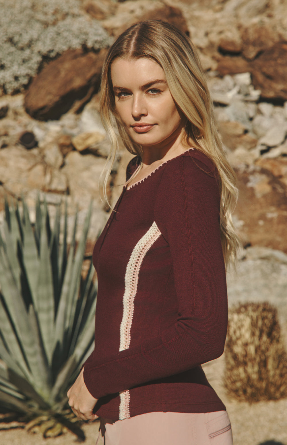 Alp N Rock Iris Henley Shirt, dark cherry longsleeve henley shirt for women