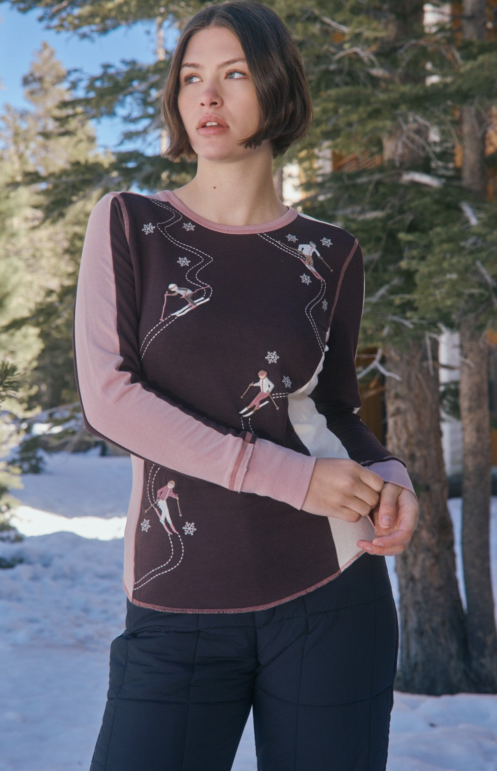 Alp N Rock Jessica Crew, women's dark red and pink longsleeve ski shirt with embroidered skiers all over