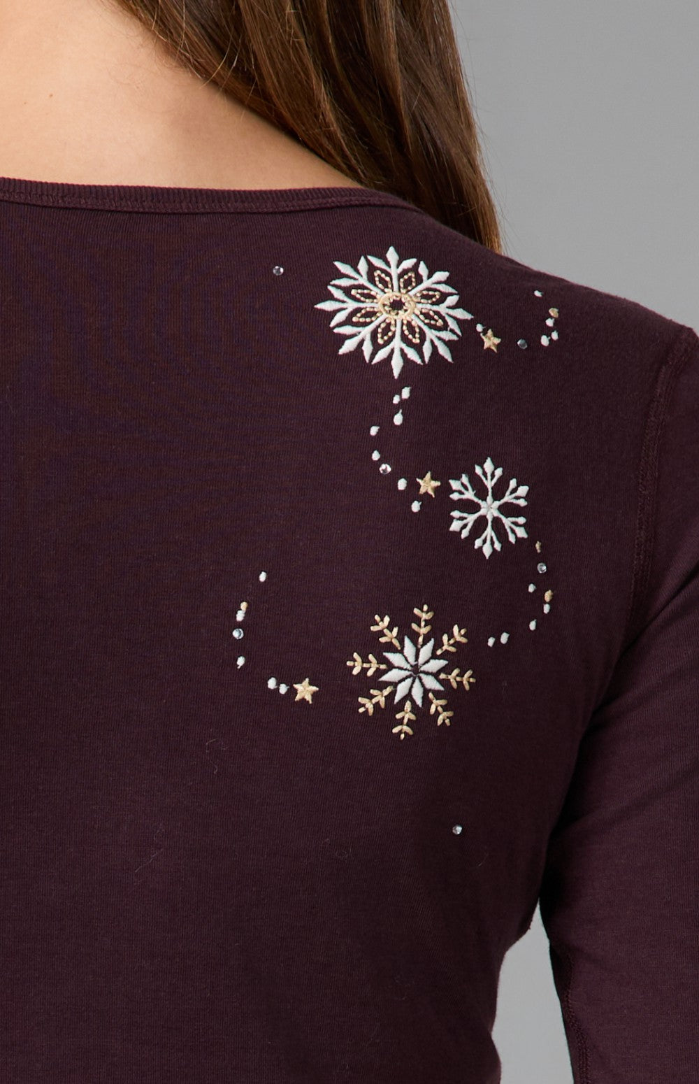 Alp N Rock Kiara Henley Shirt, dark red longsleeve henley shirt with embroidered snowflakes for women