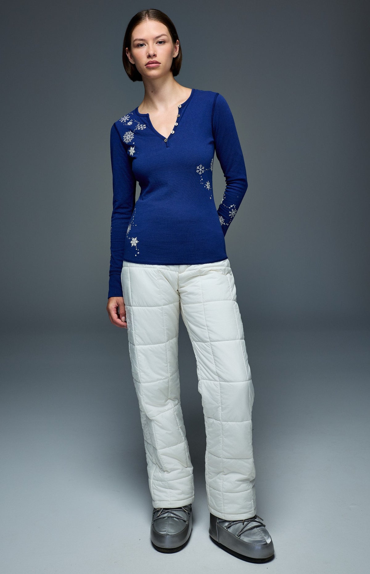 Alp N Rock Kiara Henley Shirt, deep blue longsleeve henley shirt with embroidered snowflakes for women