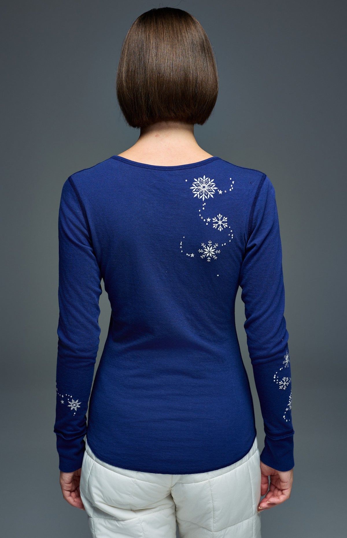 Alp N Rock Kiara Henley Shirt, deep blue longsleeve henley shirt with embroidered snowflakes for women