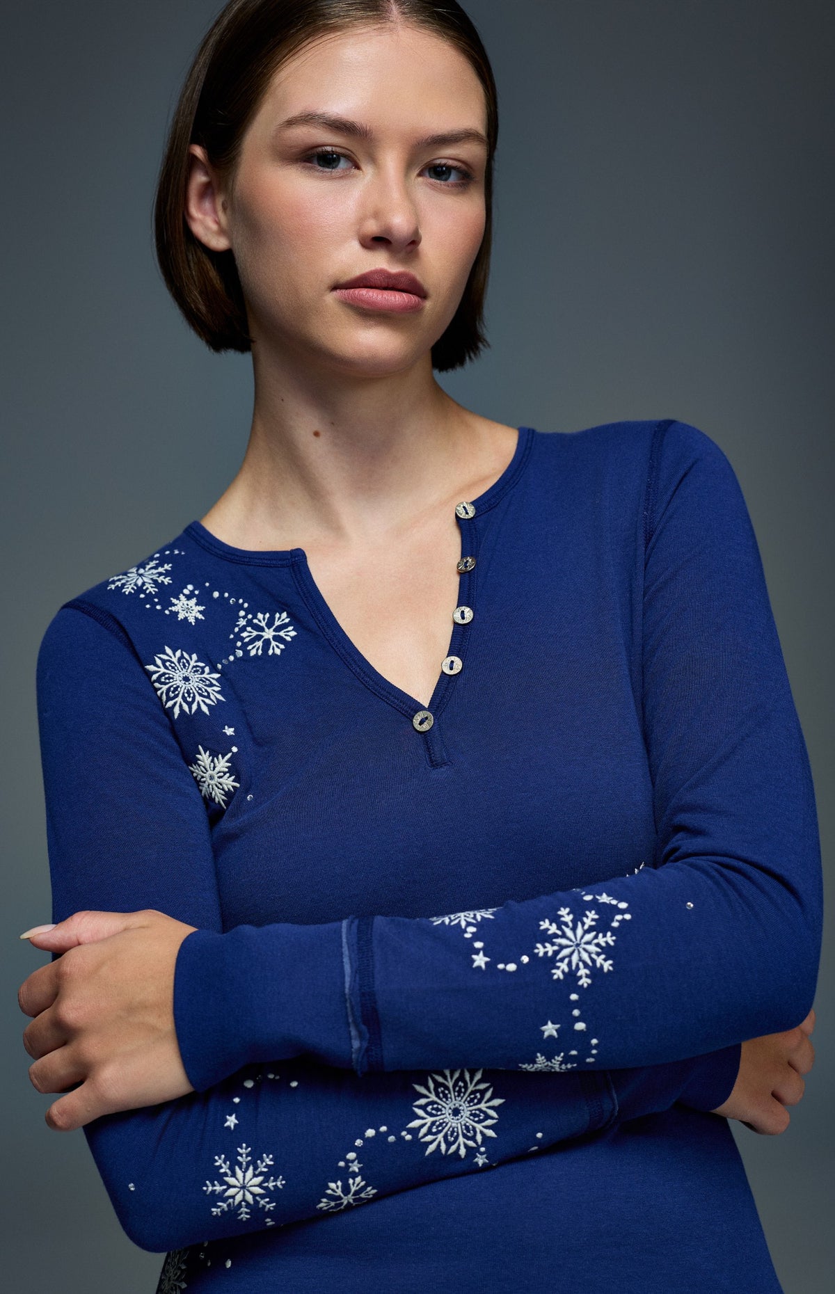 Alp N Rock Kiara Henley Shirt, deep blue longsleeve henley shirt with embroidered snowflakes for women