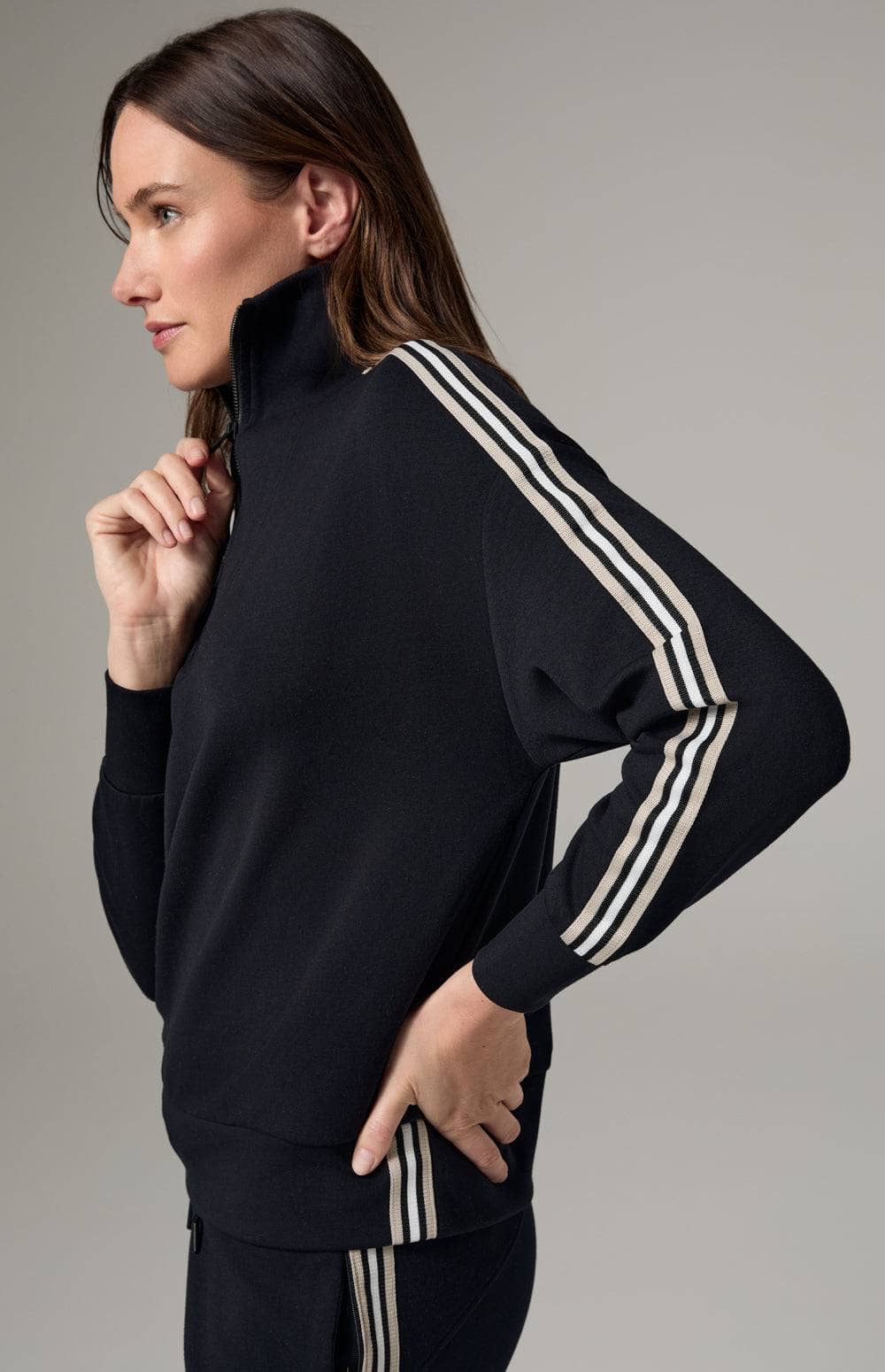 Alp N Rock Kinsley Half Zip, Women's Black Sweatshirt with Black and White Stripes Down the Arms