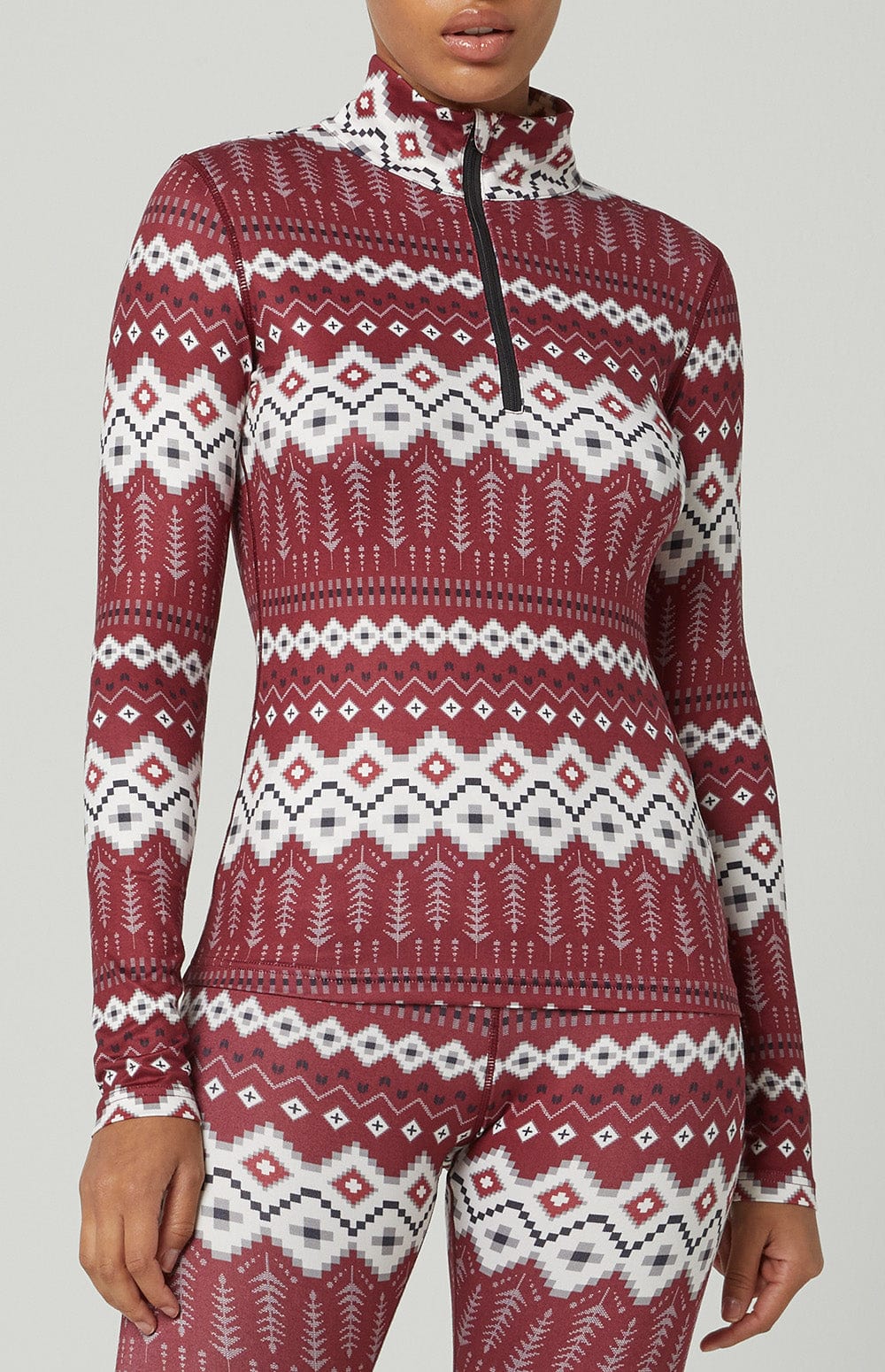 Kirstin Base Layer Top by Alp N Rock, Women's Red Half Zip Base Layer Ski Top with White and Grey Fair Isle Pattern