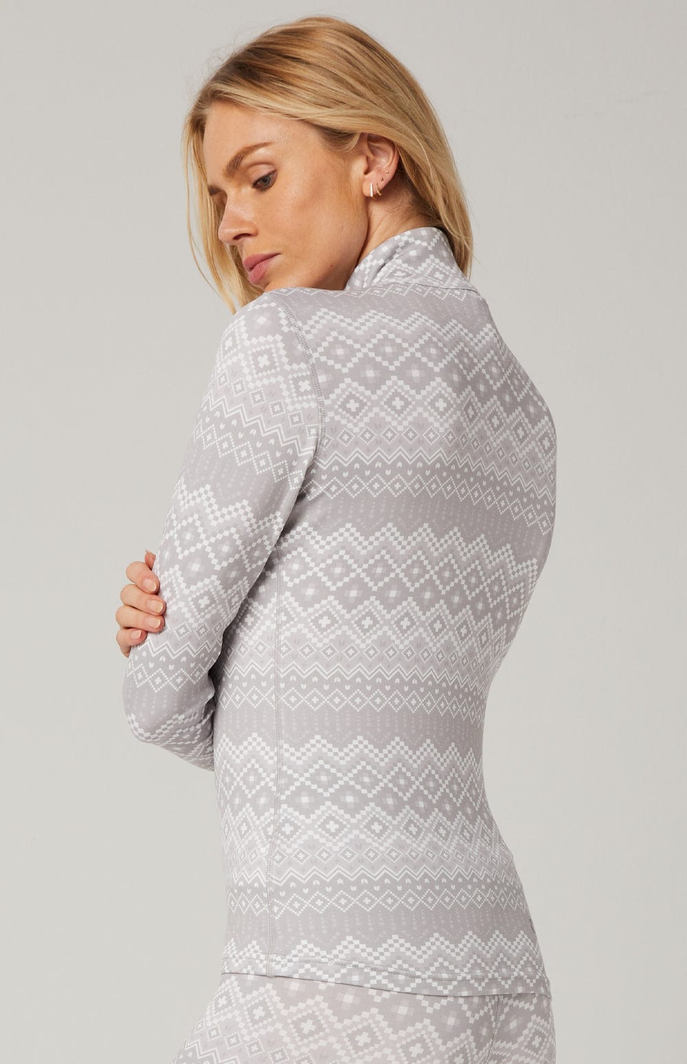 Leah Baselayer Top by Alp N Rock, Women's Light Grey Long Sleeve Shirt with White Fair Isle Print Pattern