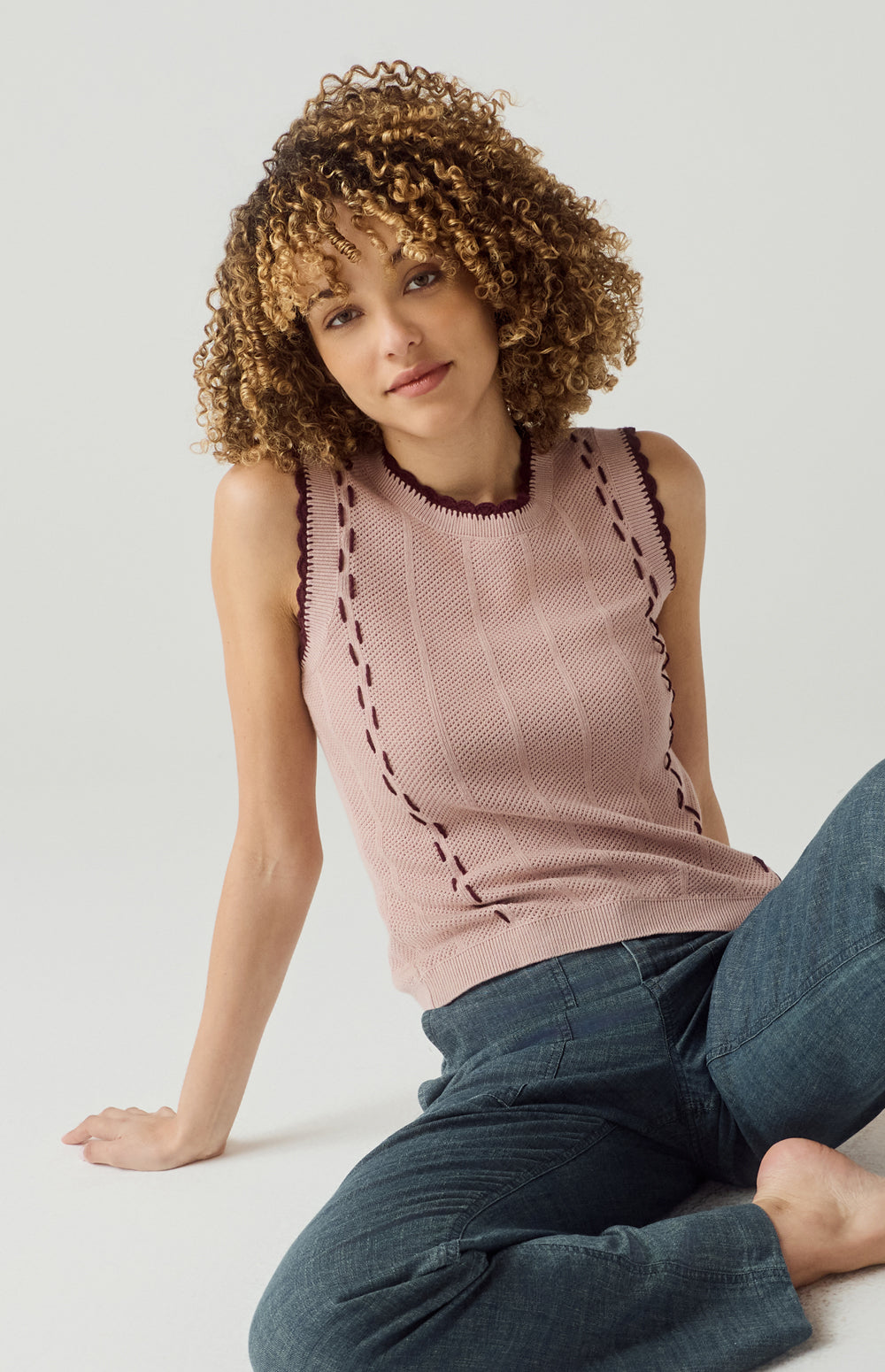 Alp N Rock Lillian Tank, rose pink knit tank top for women with burgundy stitching and scallop trim