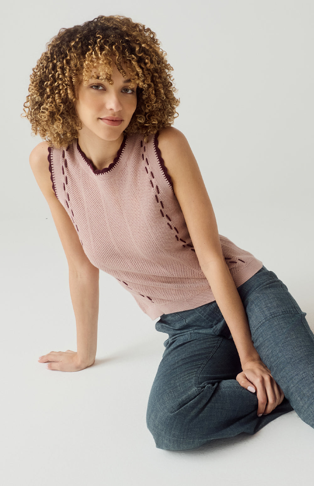 Alp N Rock Lillian Tank, rose pink knit tank top for women with burgundy stitching and scallop trim