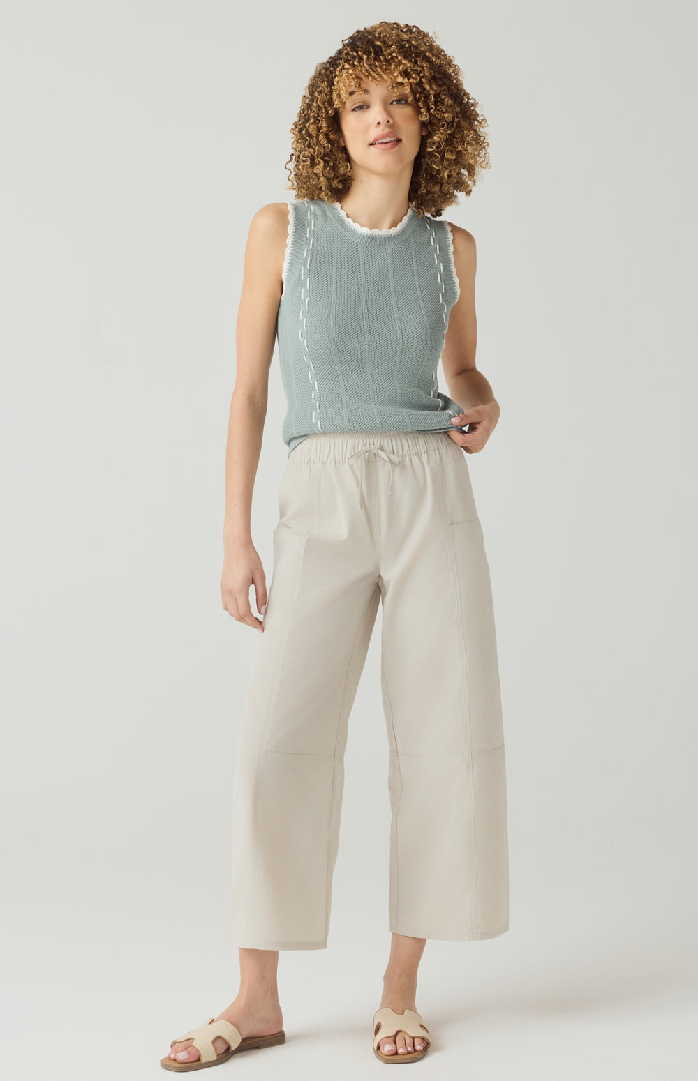 Alp N Rock Lillian Tank, silver blue knit tank top for women with white stitching and scallop trim