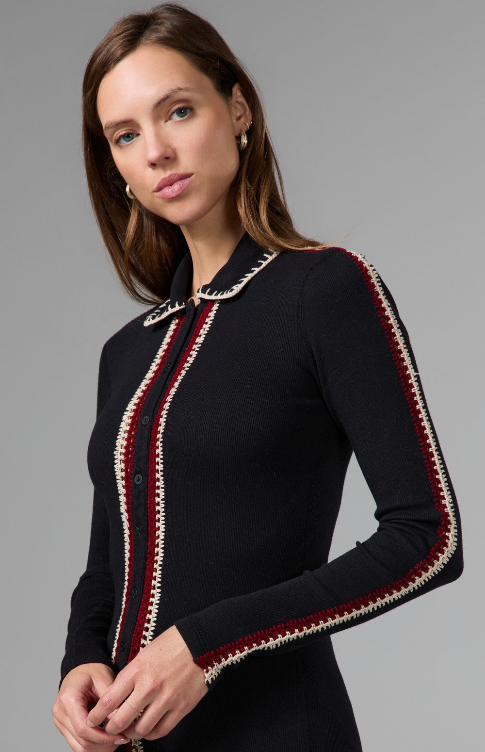 Alp N Rock Loren Longsleeve Polo Shirt, black longsleeve polo shirt with button front and a crochet trim
