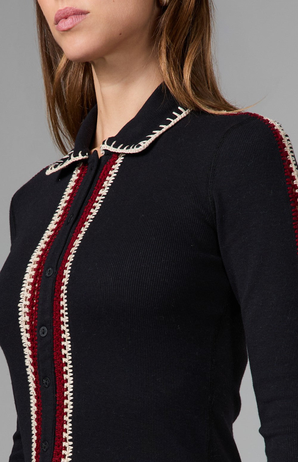 Alp N Rock Loren Longsleeve Polo Shirt, black longsleeve polo shirt with button front and a crochet trim