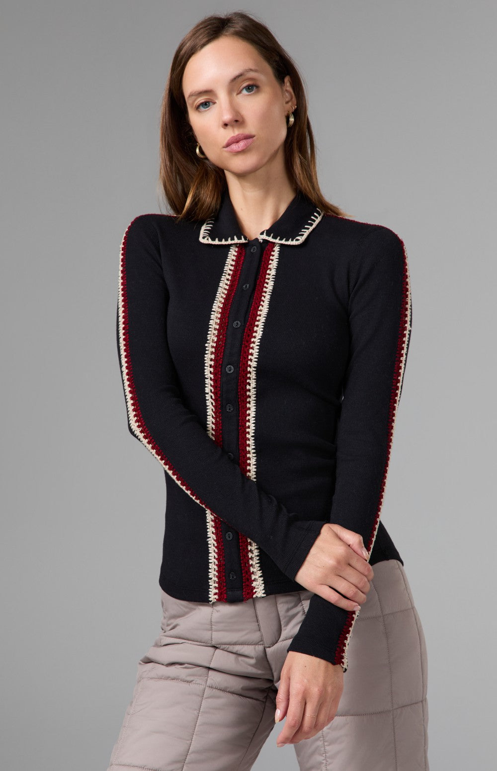 Alp N Rock Loren Longsleeve Polo Shirt, black longsleeve polo shirt with button front and a crochet trim