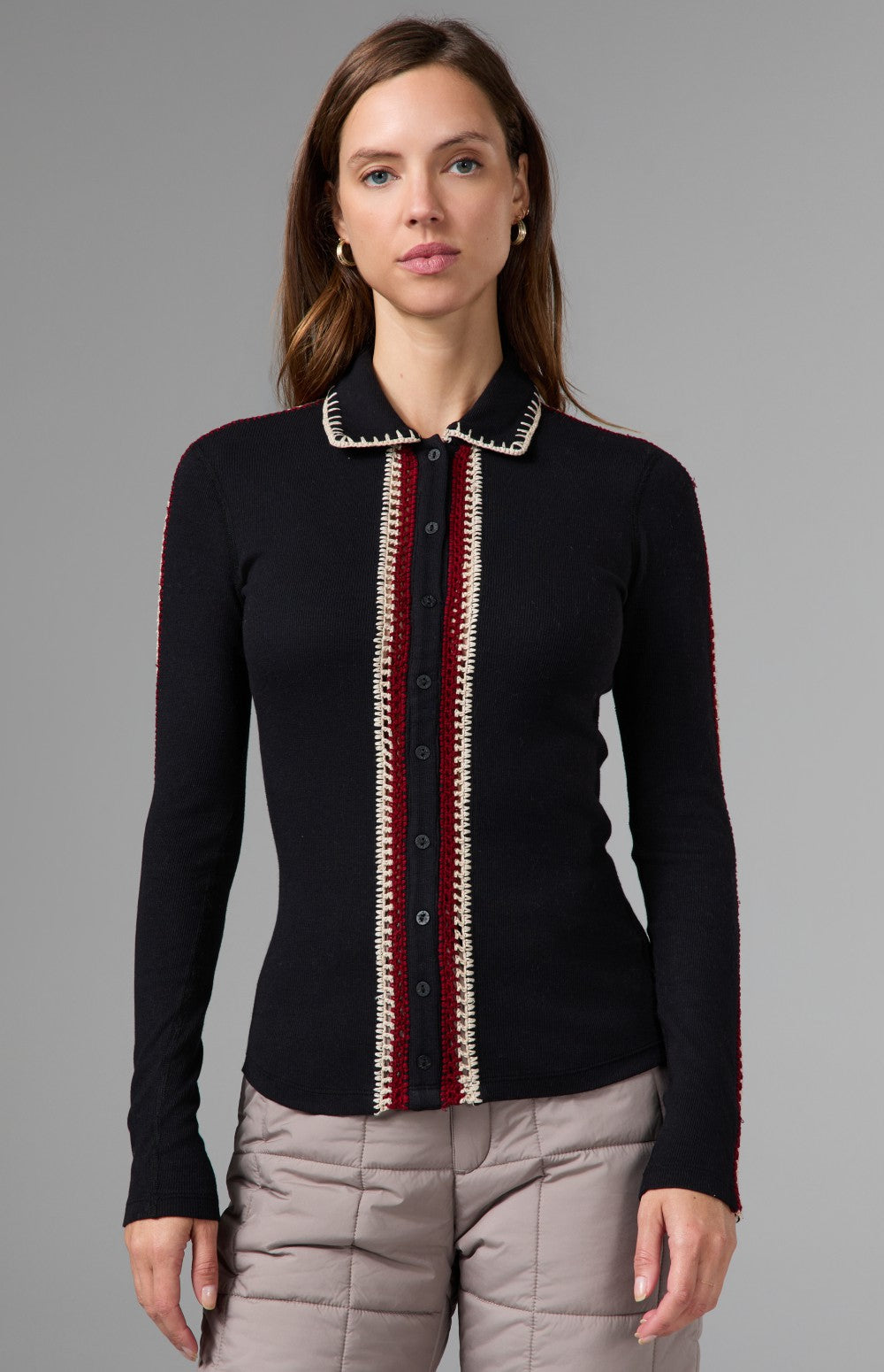 Alp N Rock Loren Longsleeve Polo Shirt, black longsleeve polo shirt with button front and a crochet trim