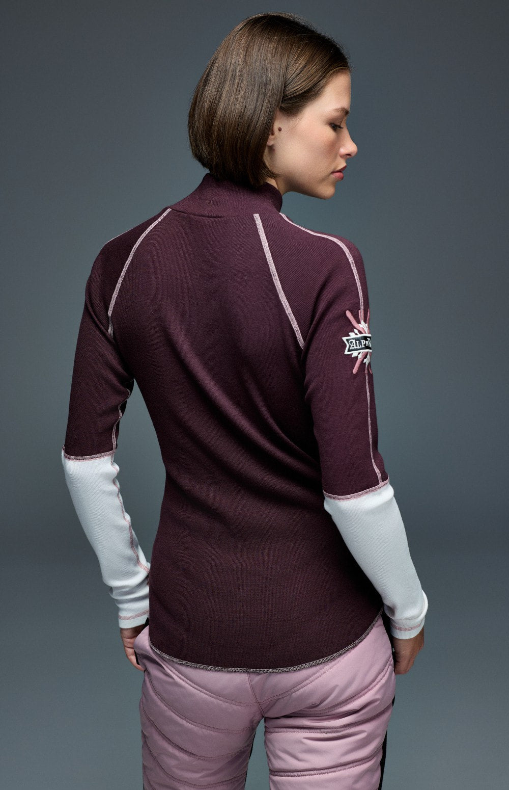 Alp N Rock Lucy Shirt, dark red and pink mock neck longsleeve shirt for women with mountain scene and Les Alpes lettering
