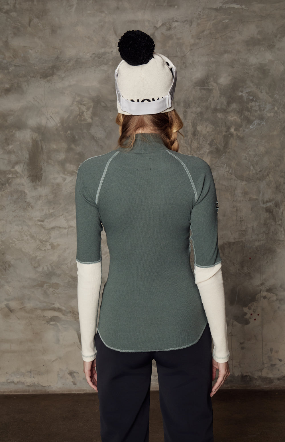Alp N Rock Lucy Shirt, green mock neck longsleeve shirt for women with Les Alpes lettering and tree applique