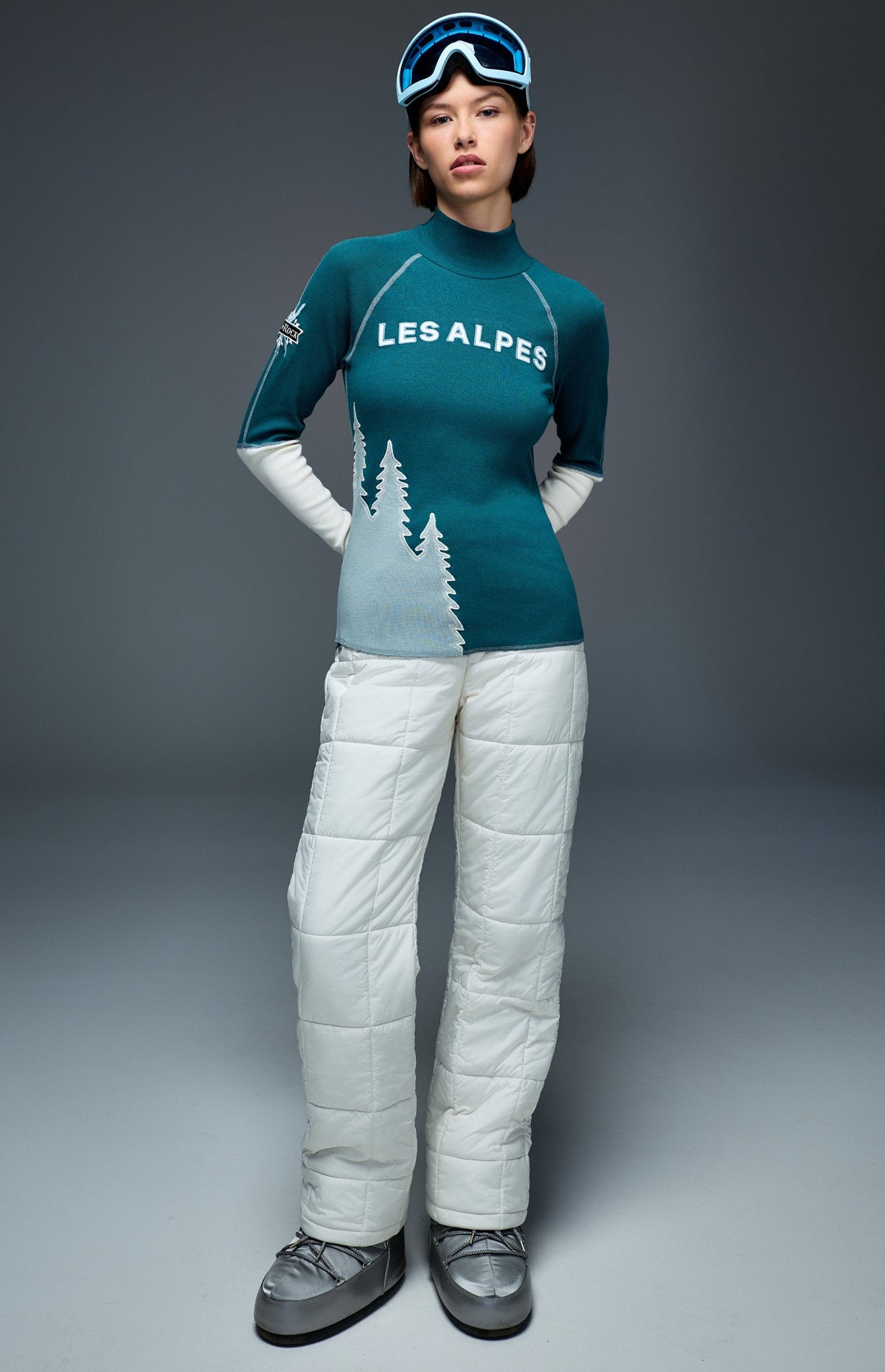 Alp N Rock Lucy Shirt, blue mock neck longsleeve shirt for women with mountain scene and Les Alpes lettering