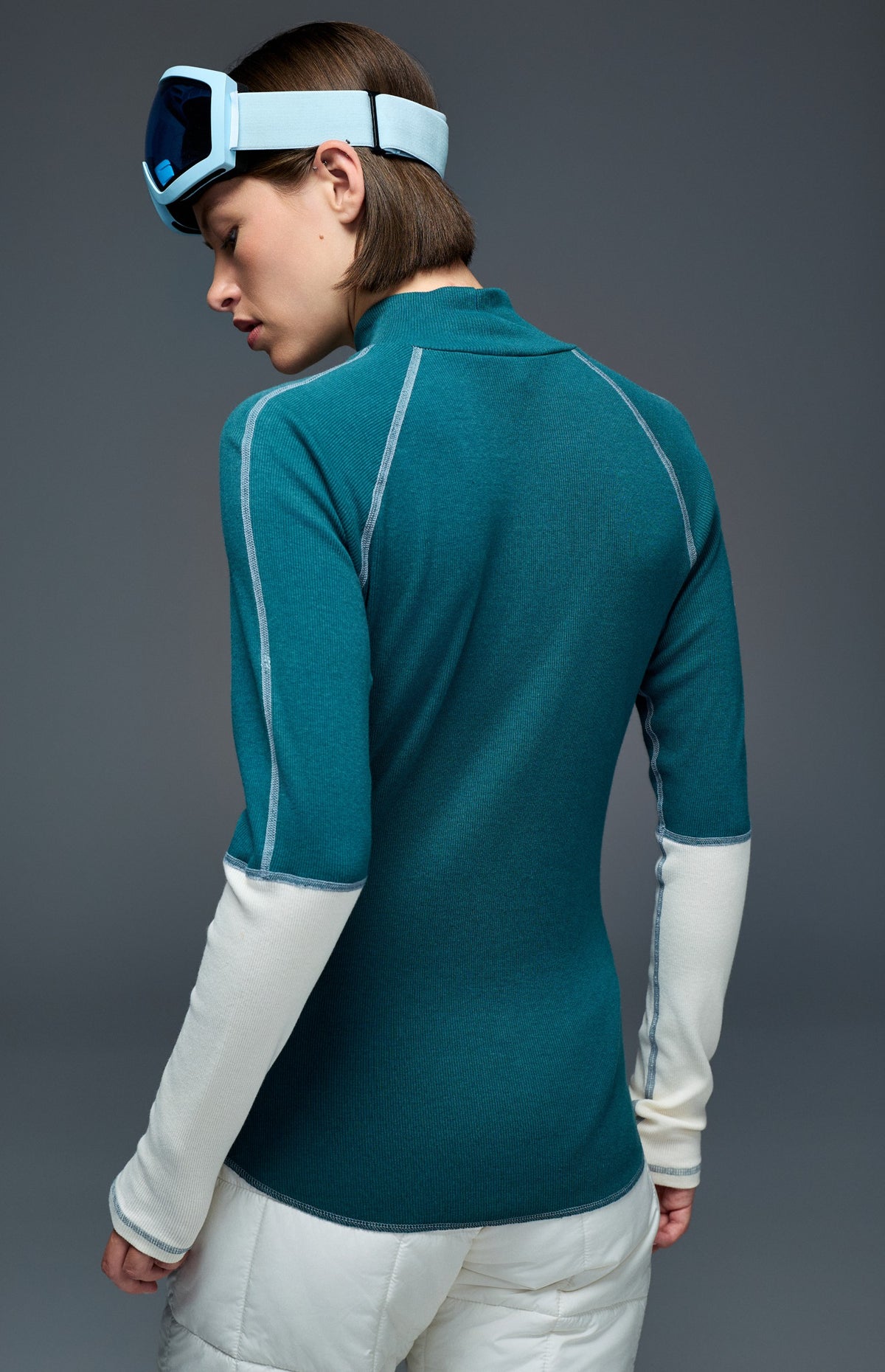 Alp N Rock Lucy Shirt, blue mock neck longsleeve shirt for women with mountain scene and Les Alpes lettering
