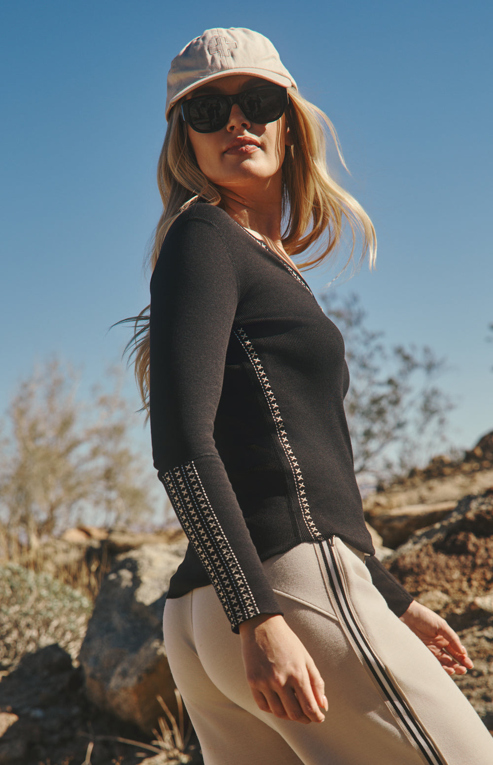 Alp N Rock Rock Lyla Henley Shirt, black longsleeve henley shirt with women with white accent stitching