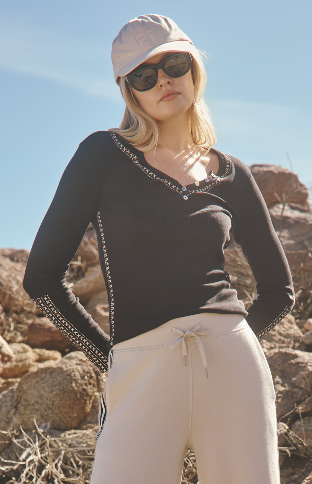 Alp N Rock Rock Lyla Henley Shirt, black longsleeve henley shirt with women with white accent stitching