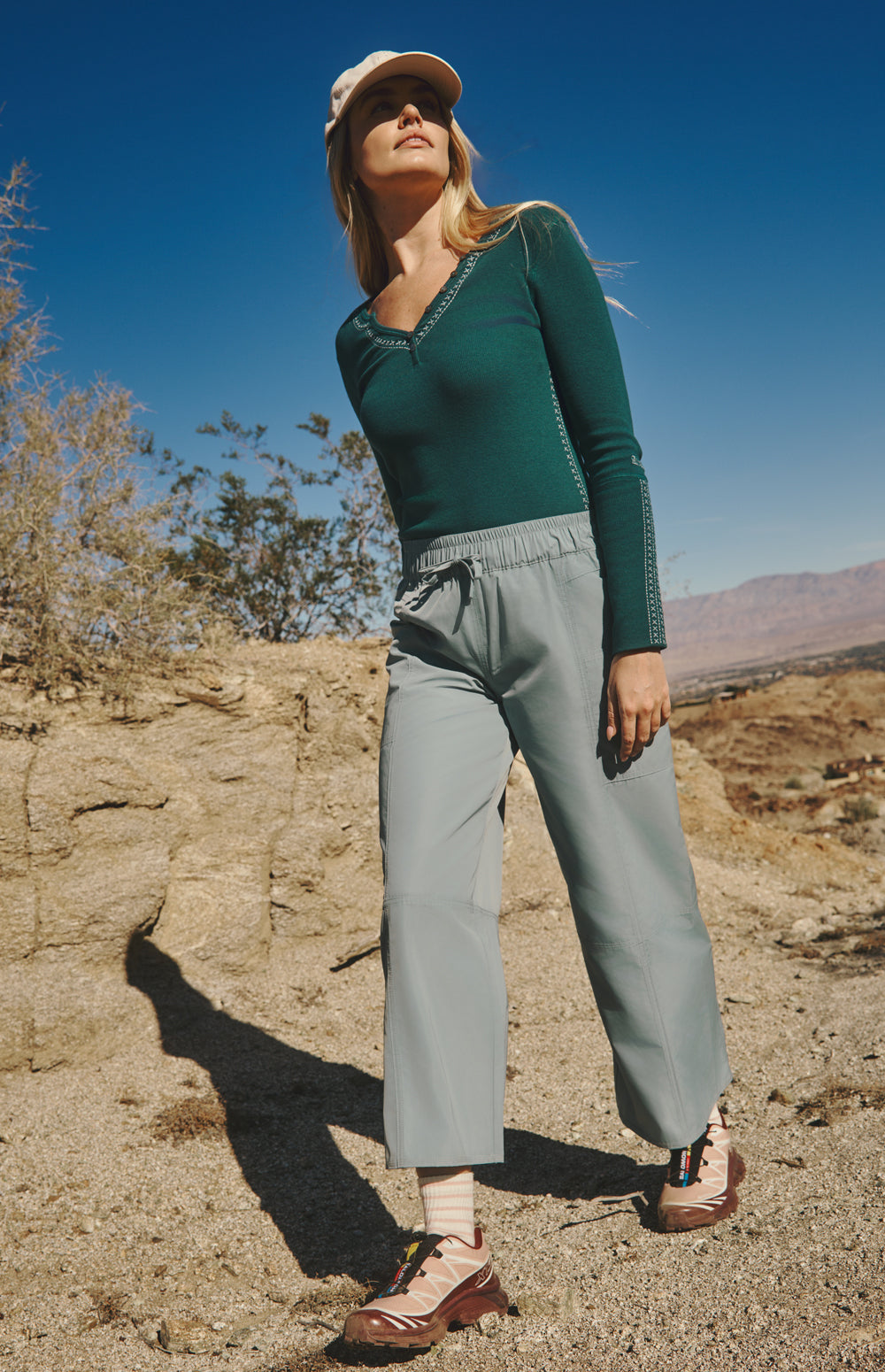 Alp N Rock Rock Lyla Henley Shirt, teal longsleeve henley shirt with women with white accent stitching