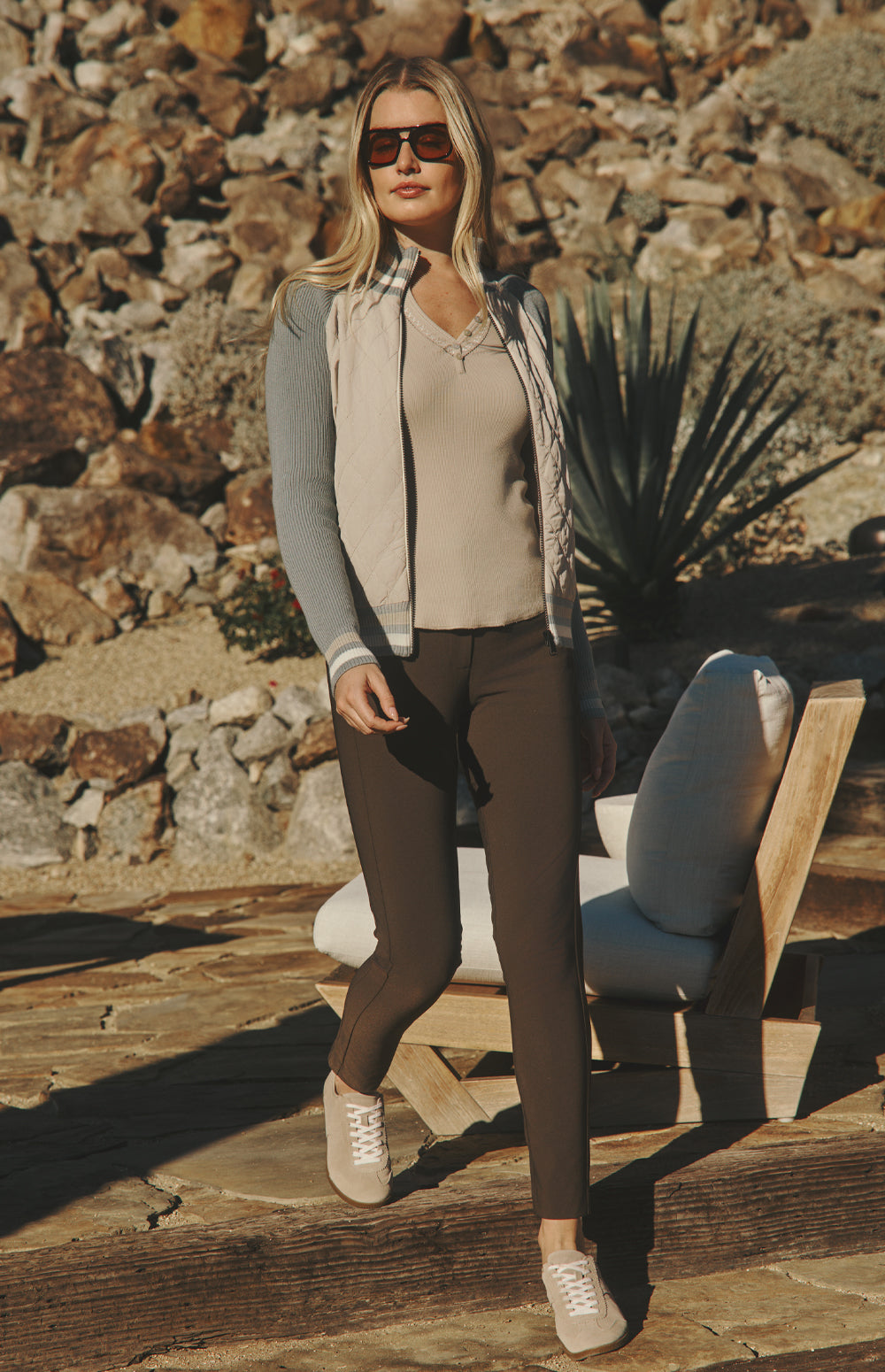 Alp N Rock Rock Lyla Henley Shirt, beige longsleeve henley shirt with women with white accent stitching