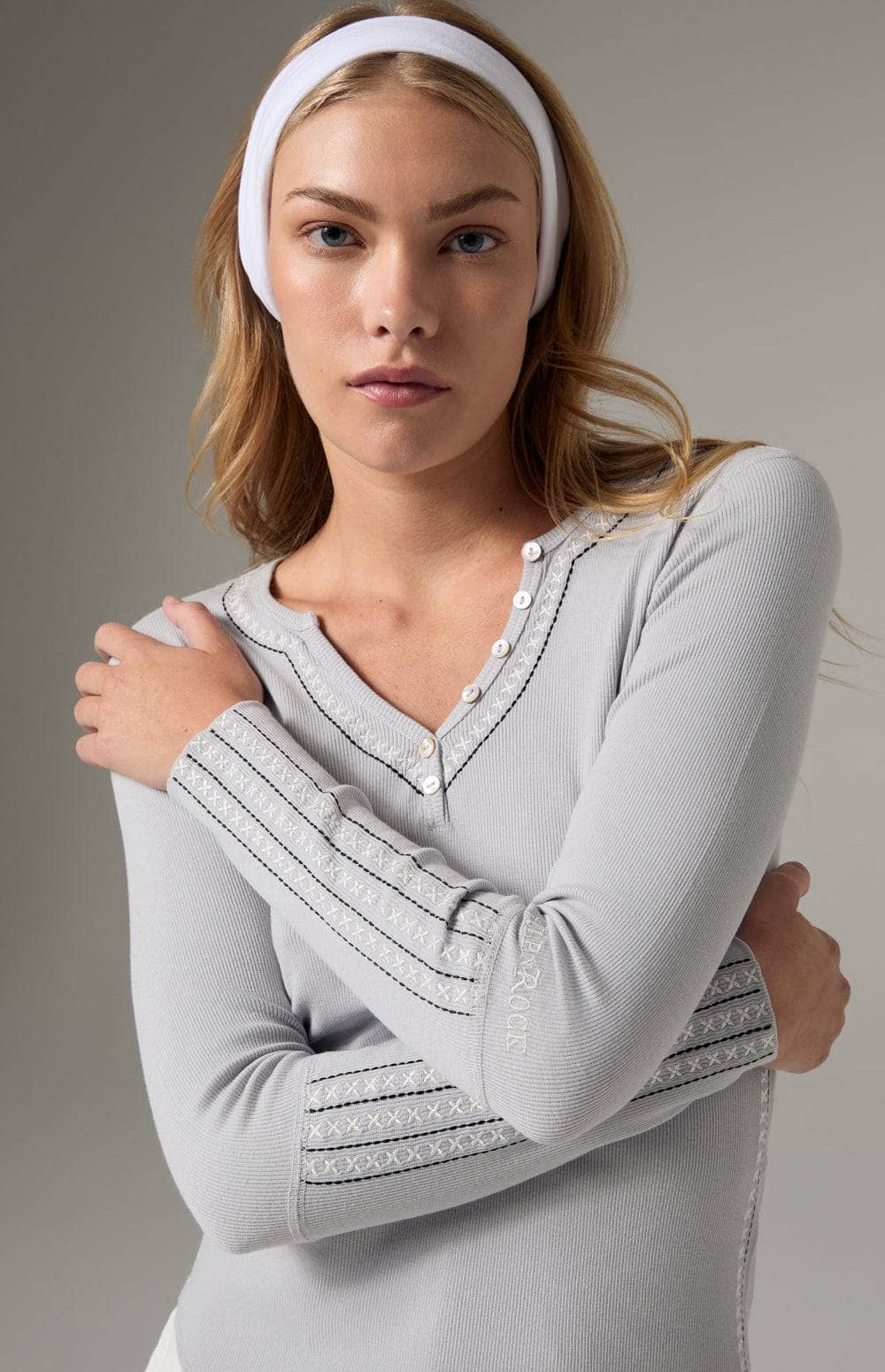 Alp N Rock Lyla Henley Shirt, Women's Silver Grey Long Sleeve Henley Top with Embroidery at the Neckline and Sleeves